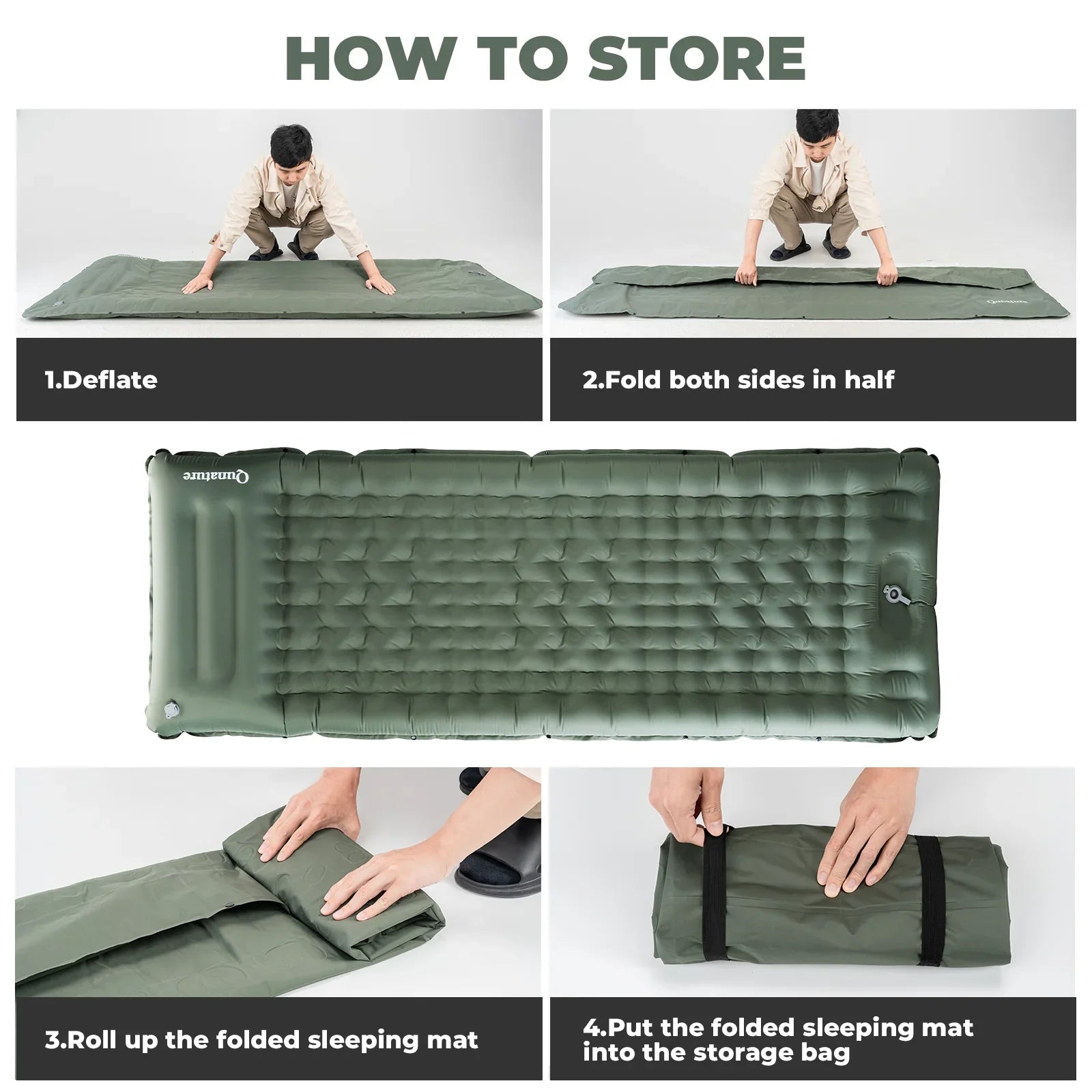 A lightweight inflatable blue camping sleeping pad with built-in pillow#Color_green