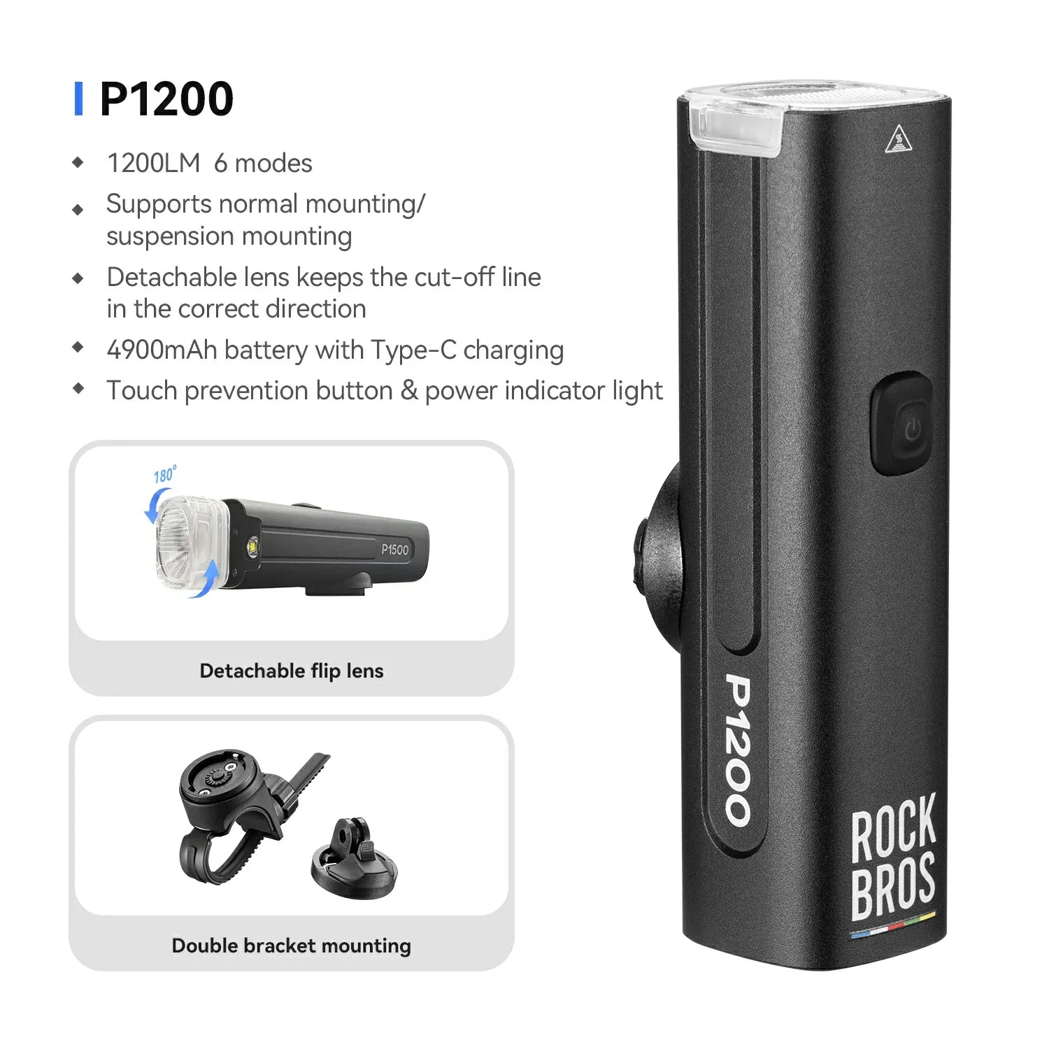 Black flashlight with features listed on a white background, featuring 'RockBros' branding.#size_1200LM