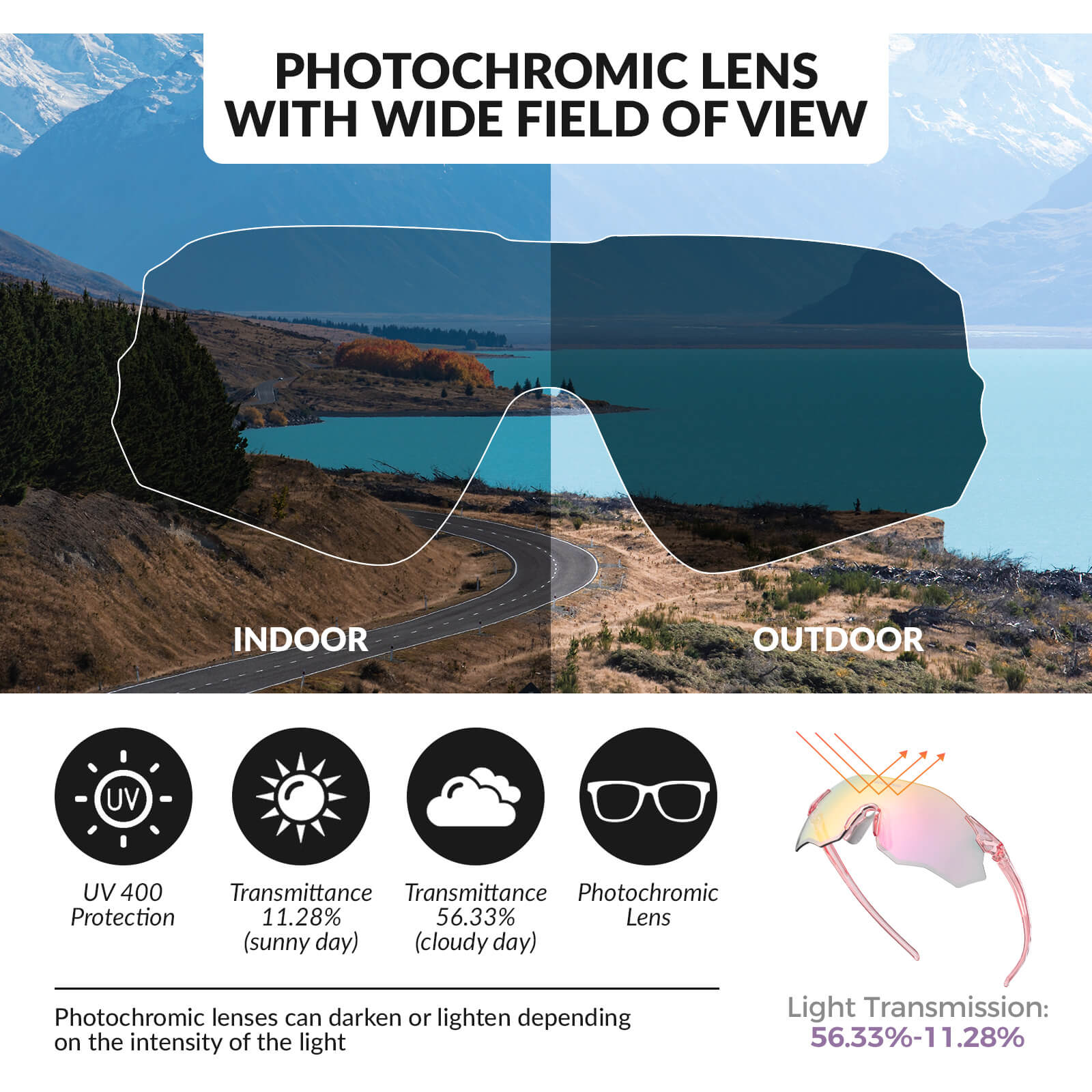 ROCKBROS photochromic or polarised cycling sunglasses SP359, UV400 protection sports eyewear for men and women. #Color_Pink/Photochromic