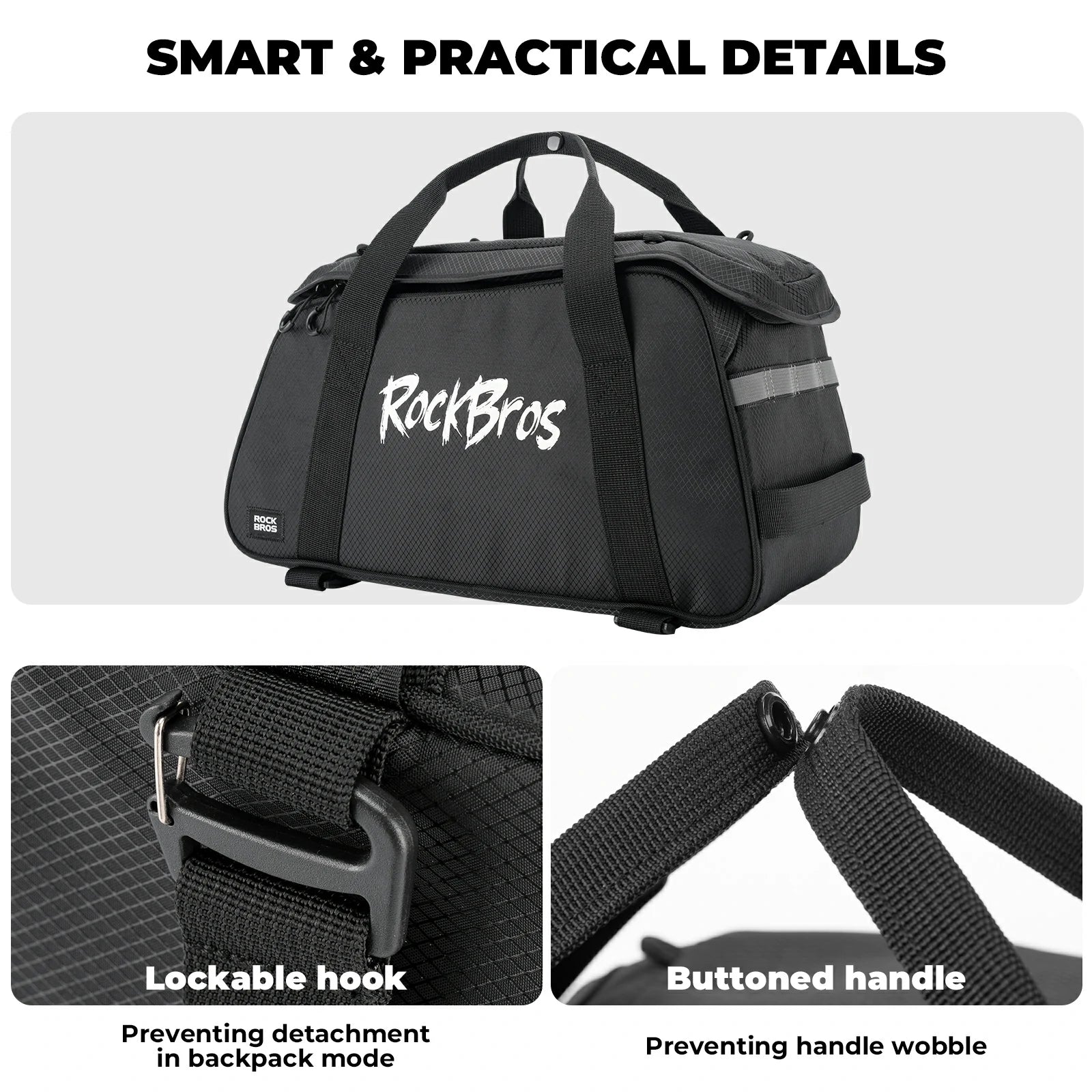 ROCKBROS 3-in-1 bike pannier bag rear rack bag backpack 10.5L