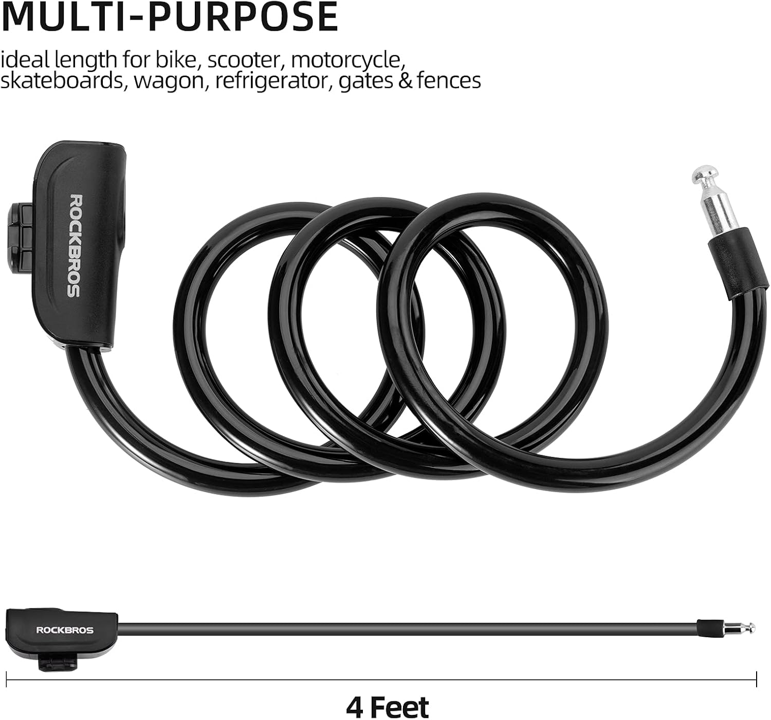 ROCKBROS 4ft Bike Cable Lock - Secure, Lightweight with Mounting Bracket#Color_Black