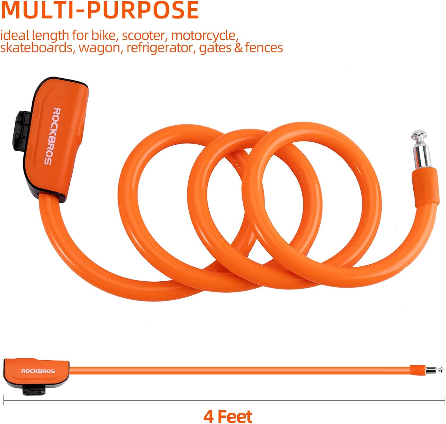 ROCKBROS 4ft Bike Cable Lock - Secure, Lightweight with Mounting Bracket#Color_Orange
