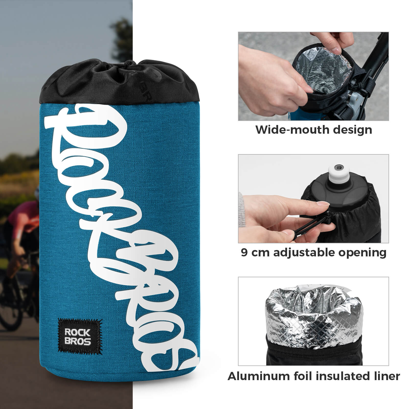 ROCKBROS 1L handlebar bag with integrated bottle holder, ideal for cycling hydration and storage.#Color_Blue