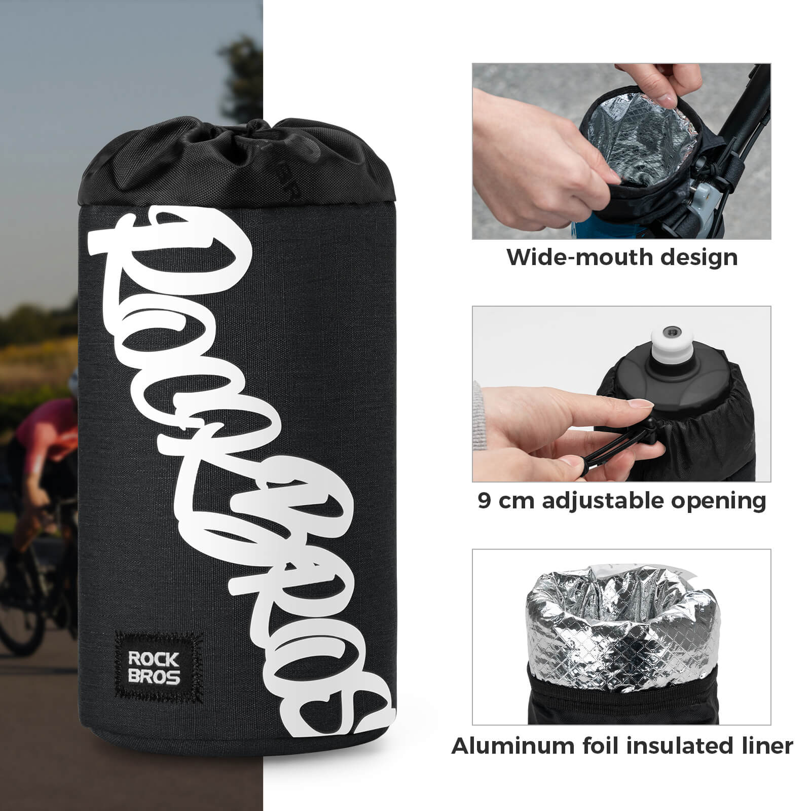 ROCKBROS 1L handlebar bag with integrated bottle holder, ideal for cycling hydration and storage.#Color_Black