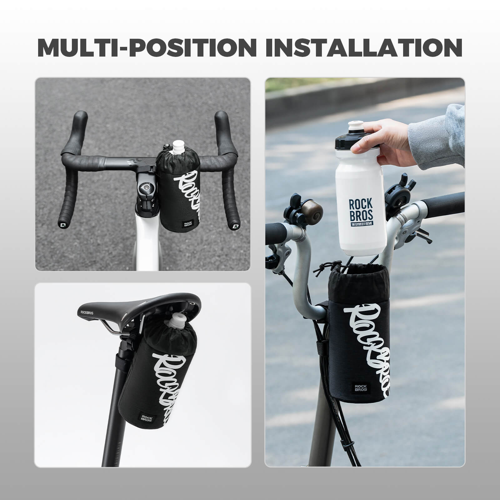 ROCKBROS 1L handlebar bag with integrated bottle holder, ideal for cycling hydration and storage.