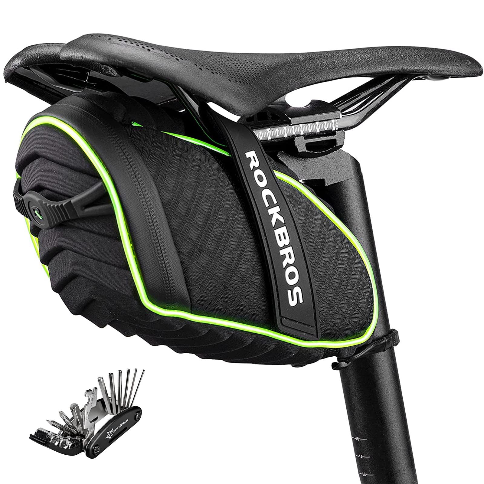 ROCKBROS Bicycle Saddle Bag Under Seat 3D Shell Cycling Seat Pack #Size_Green Black+tool