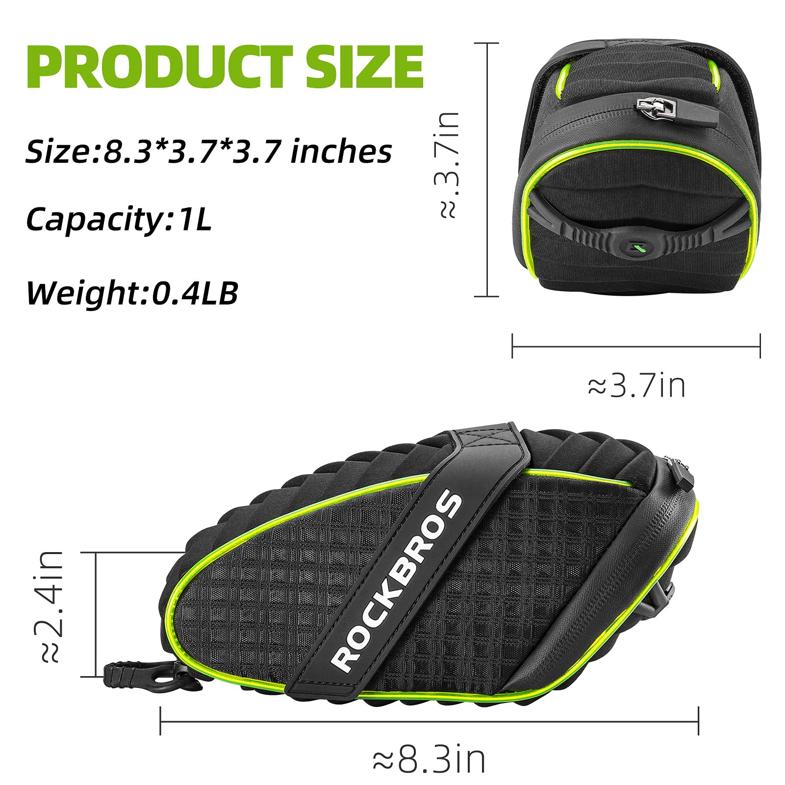 ROCKBROS Bicycle Saddle Bag Under Seat 3D Shell Cycling Seat Pack #Size_Green Black+tool
