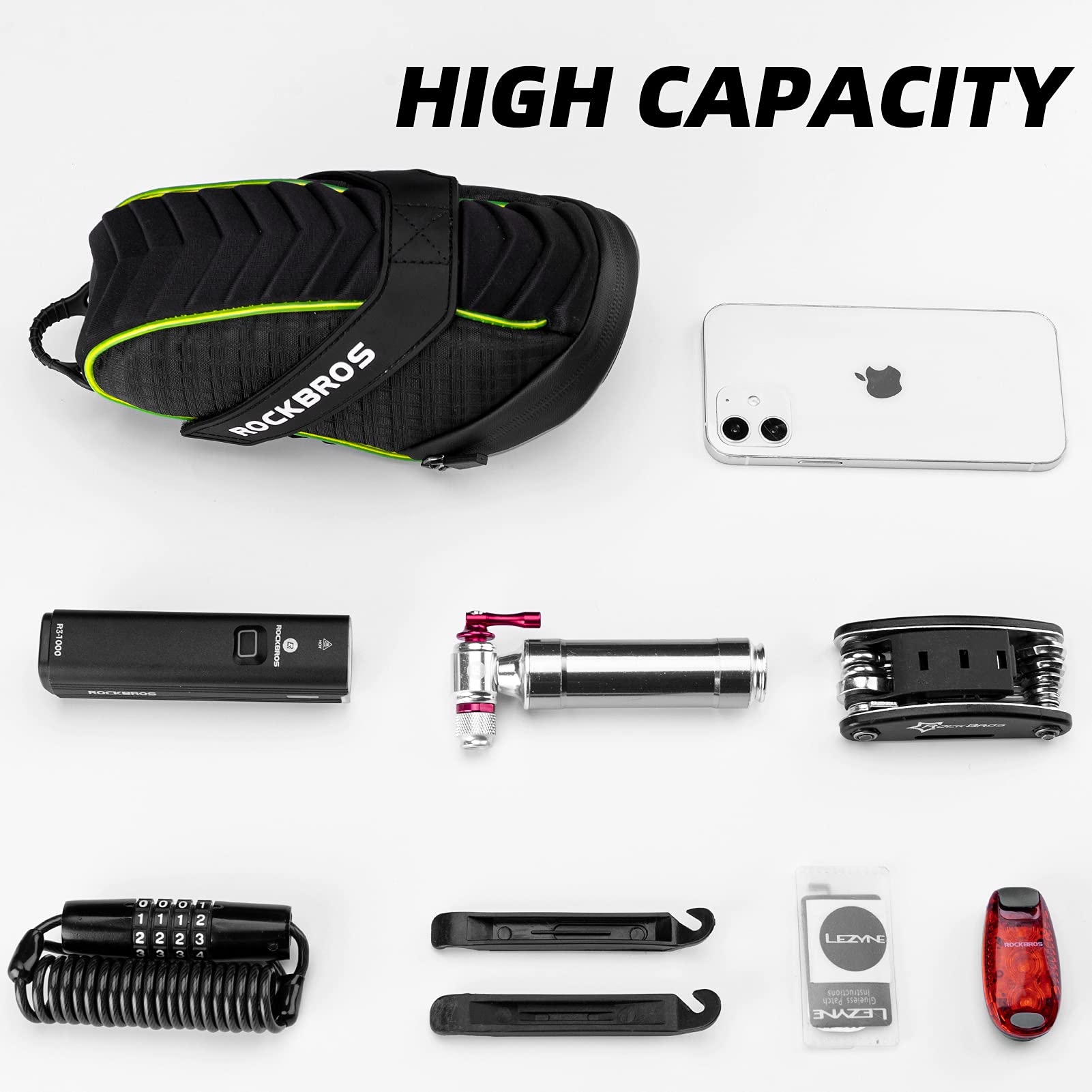 ROCKBROS Bicycle Saddle Bag Under Seat 3D Shell Cycling Seat Pack #Size_Green Black+tool