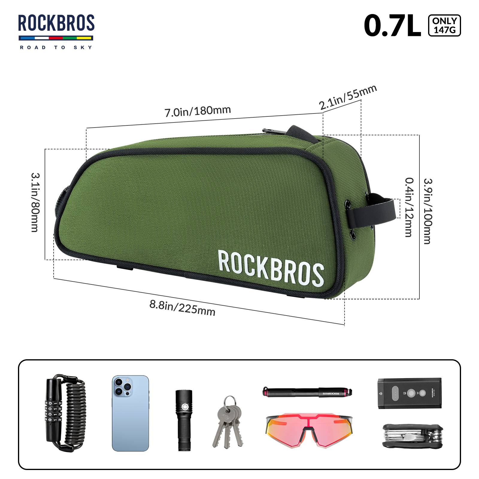 ROCKBROS Bicycle Top Tube Bag Frame Bag 0.7L Reflective Bicycle Bag #Color_Army Green