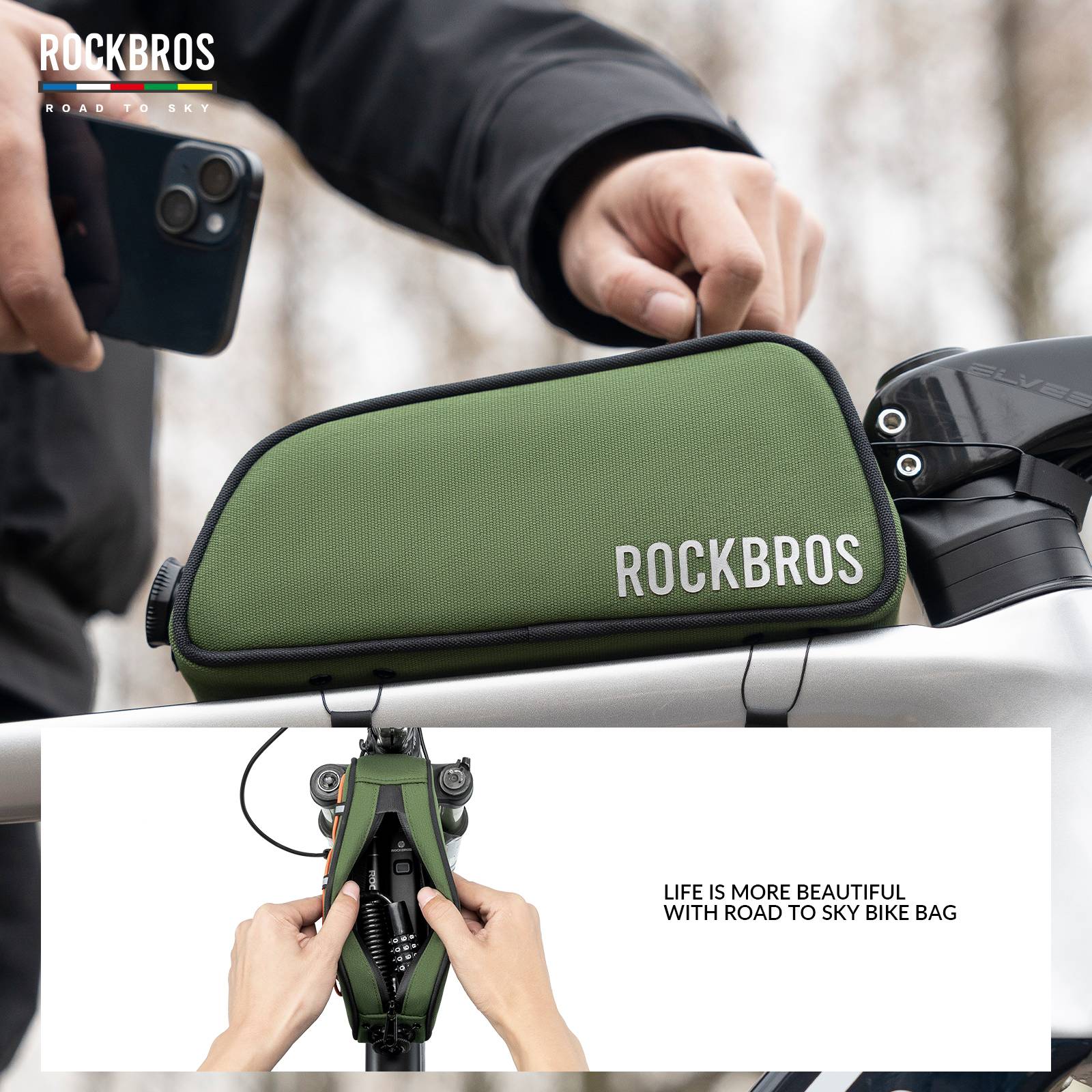 ROCKBROS Bicycle Top Tube Bag Frame Bag 0.7L Reflective Bicycle Bag #Color_Army Green
