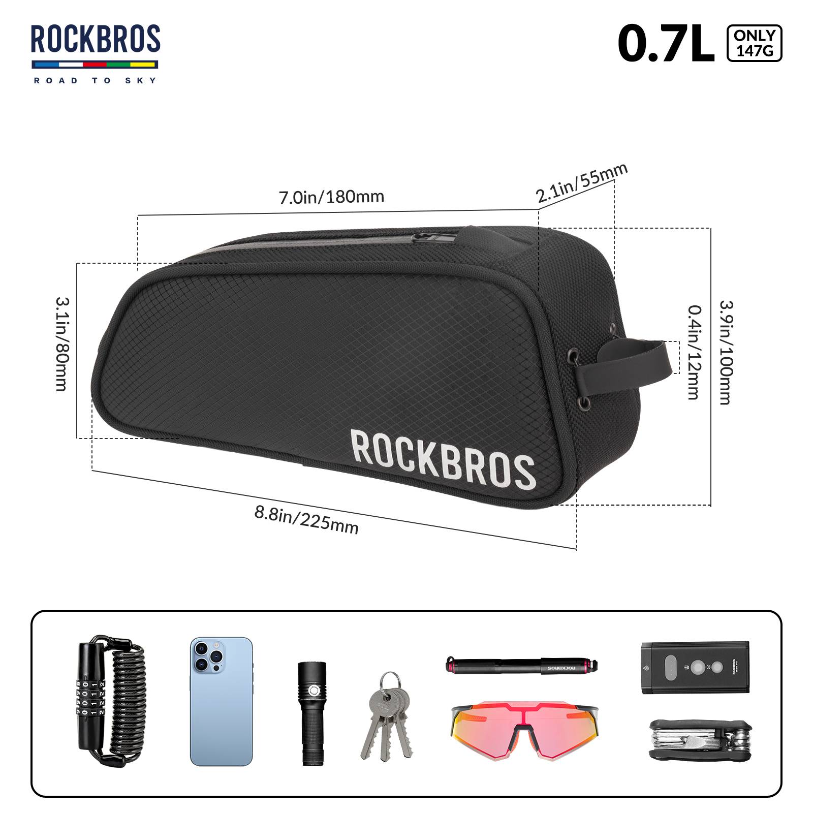 ROCKBROS Bicycle Top Tube Bag Frame Bag 0.7L Reflective Bicycle Bag #Color_Black