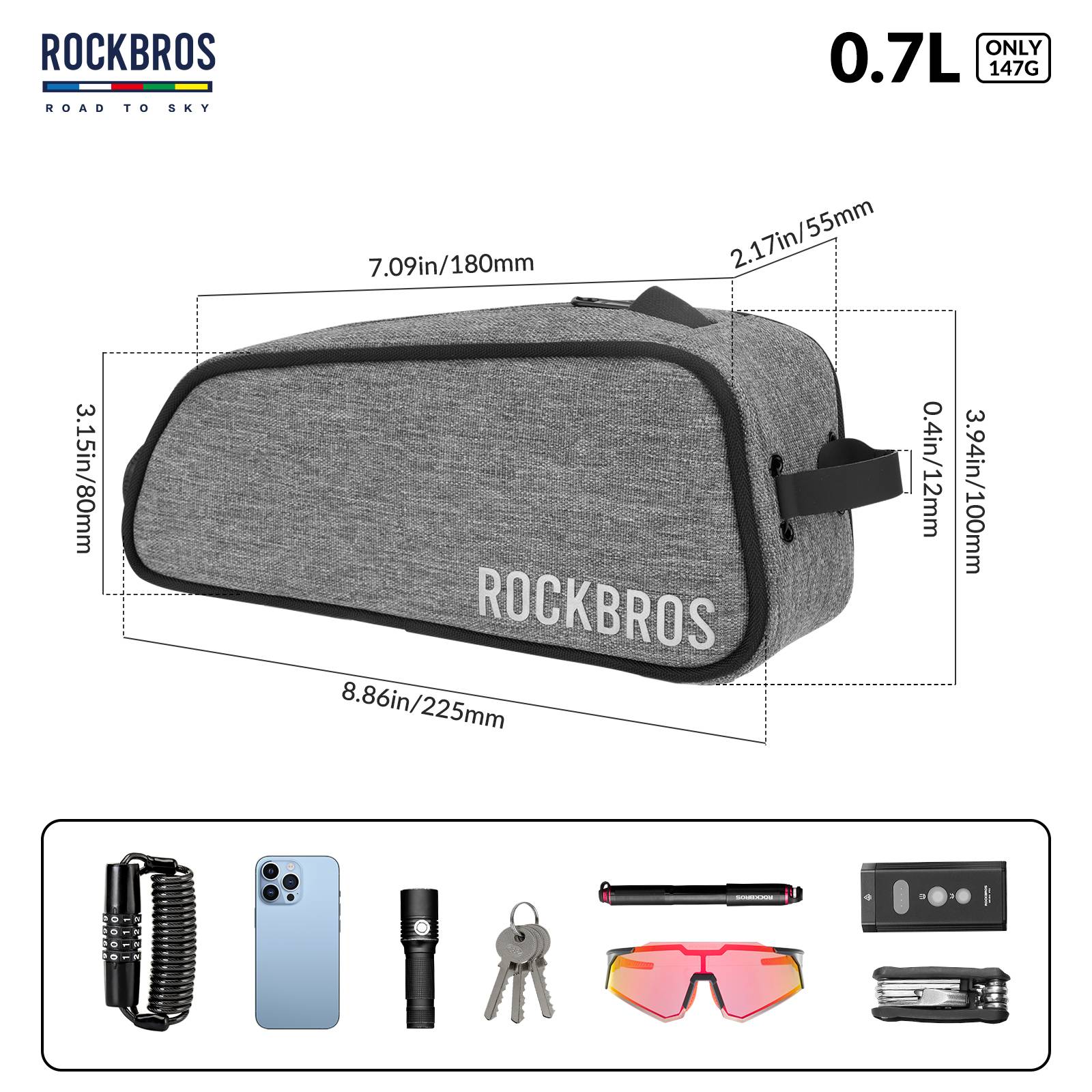 ROCKBROS Bicycle Top Tube Bag Frame Bag 0.7L Reflective Bicycle Bag #Color_Linen Gray