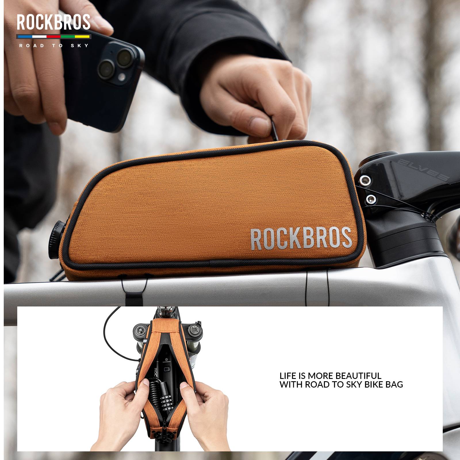 ROCKBROS Bicycle Top Tube Bag Frame Bag 0.7L Reflective Bicycle Bag #Color_Orange