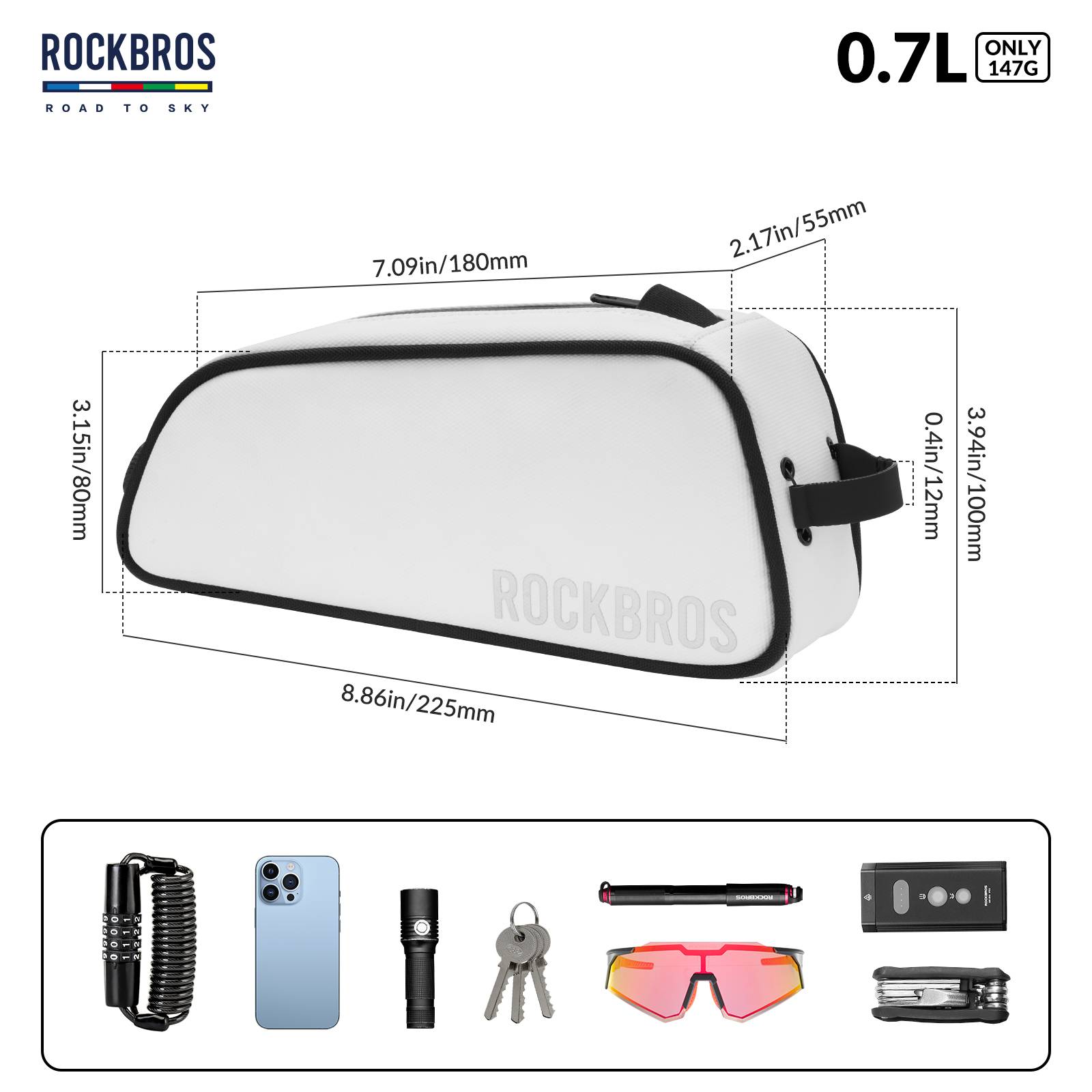ROCKBROS Bicycle Top Tube Bag Frame Bag 0.7L Reflective Bicycle Bag #Color_White