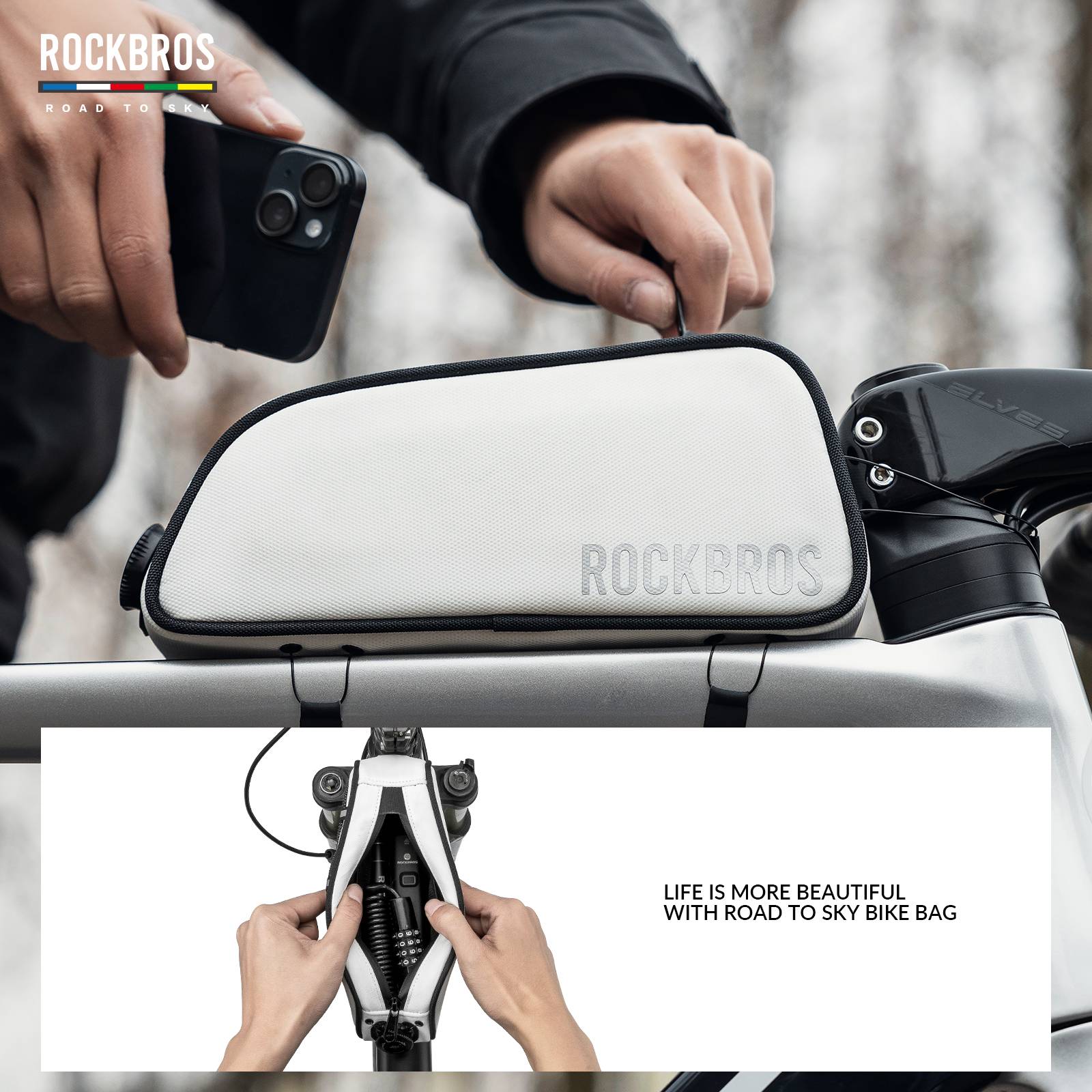 ROCKBROS Bicycle Top Tube Bag Frame Bag 0.7L Reflective Bicycle Bag #Color_White