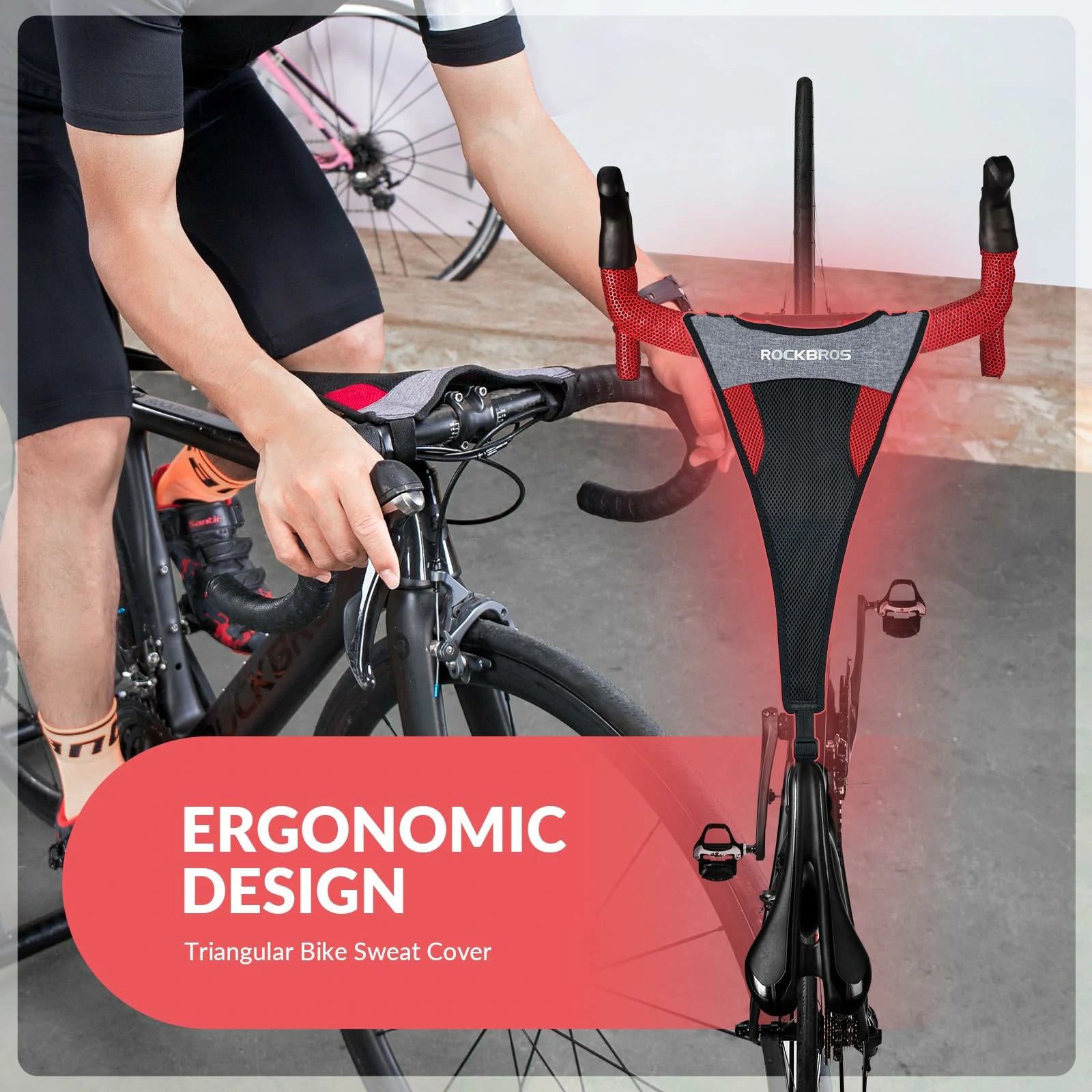 rockbros dual-layer sweat guard stretched between handlebar and seat-post on indoor road bike #Style_Type B