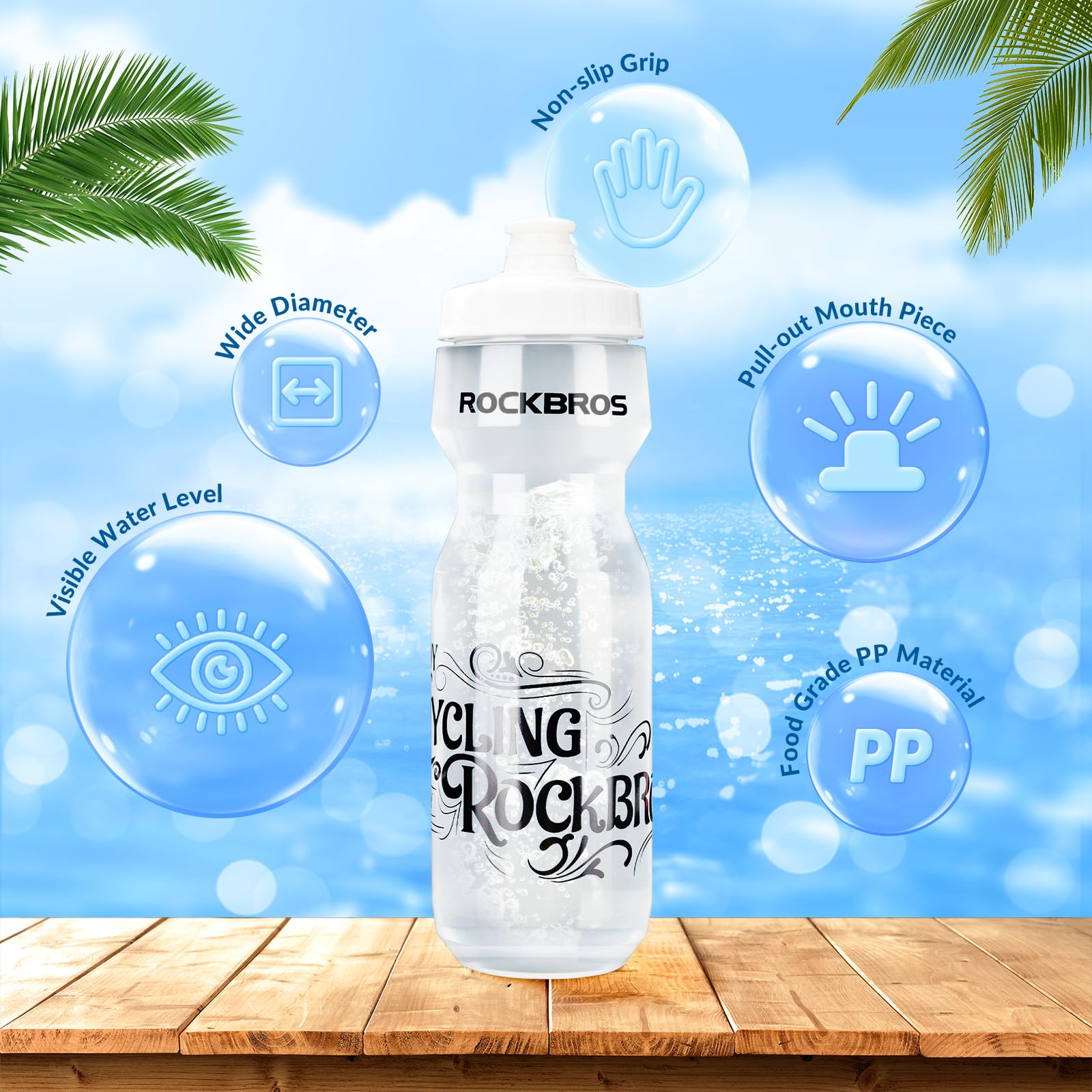 ROCKBROS Bicycle Water Bottle 750 ml Sports Drinks Bottle BPA-Free #Color_White + Transparent