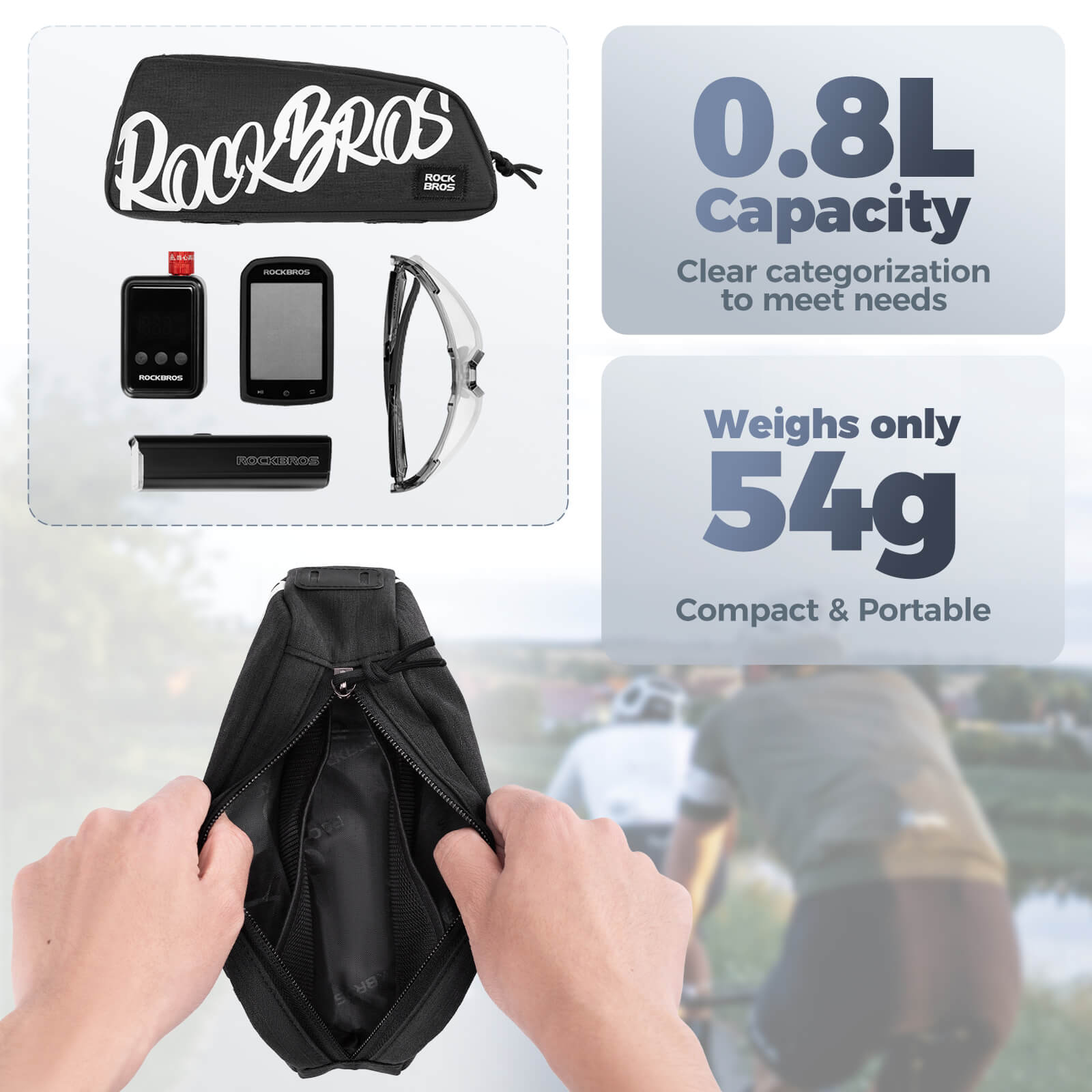 ROCKBROS 0.8L bike frame bag G009 waterproof top tube bag with large storage and easy-access design for cycling essentials.