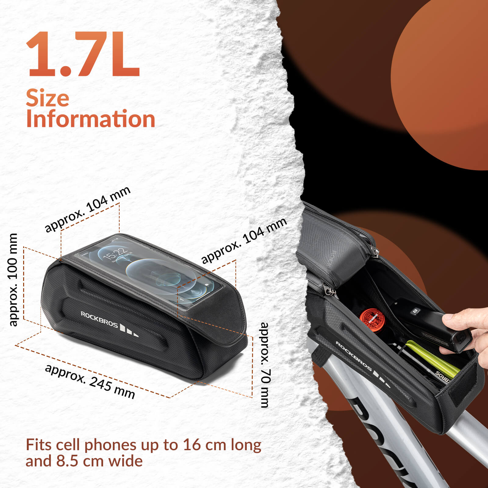 ROCKBROS Bike Frame Bag 1.7L – Smart Storage + Phone Access On The Go! #Color_Black