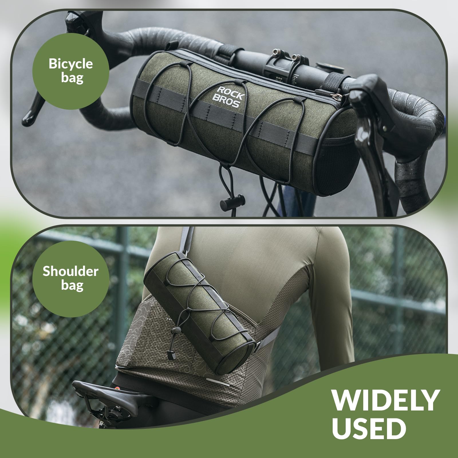 ROCKBROS Bike Handlebar Bag 2L Large Capacity with Shoulder Strap #Color_Dark Green