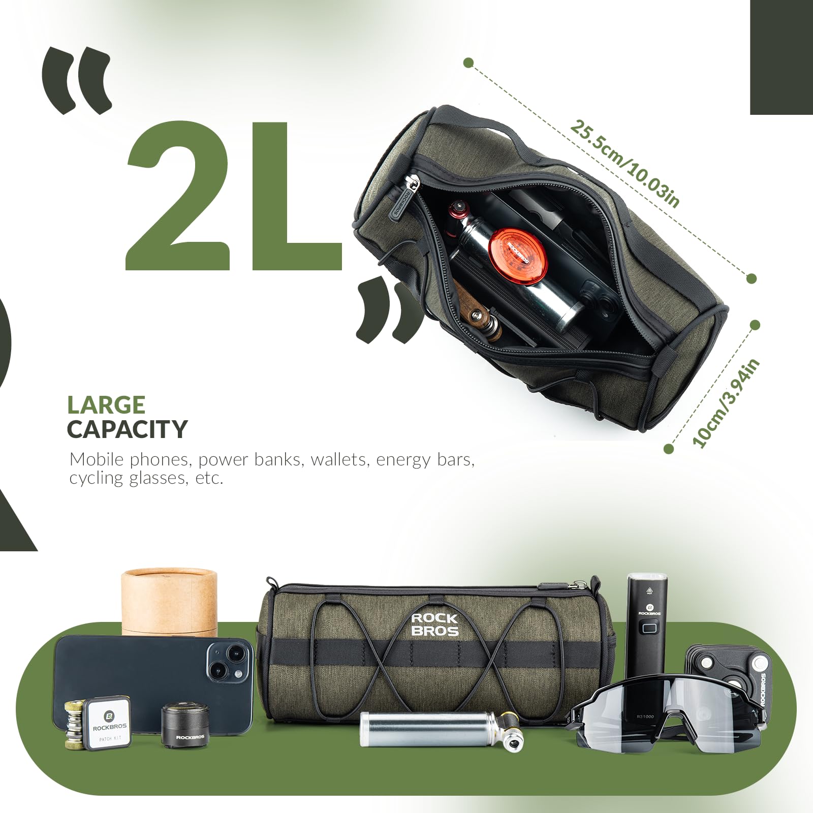 ROCKBROS Bike Handlebar Bag 2L Large Capacity with Shoulder Strap #Color_Dark Green