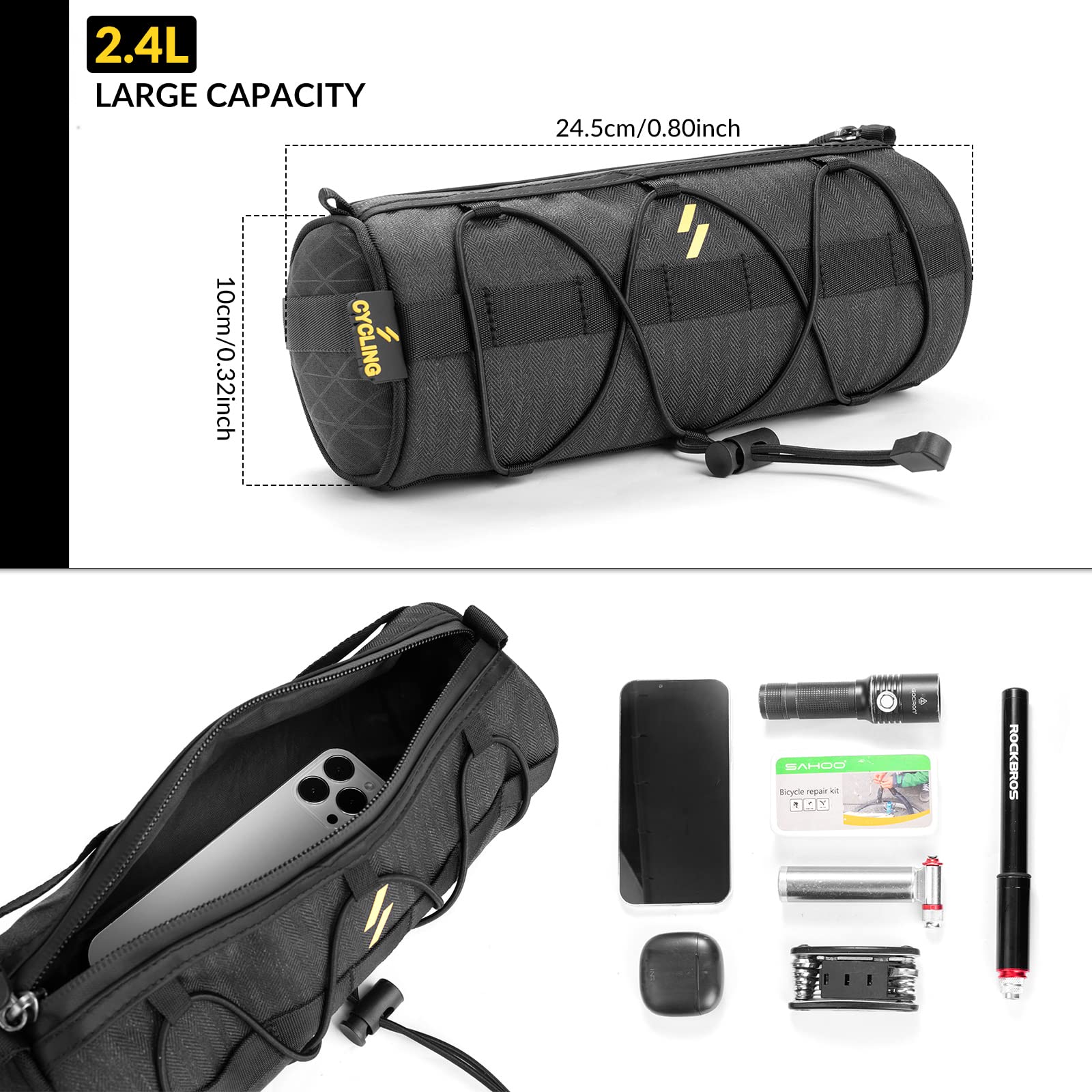 ROCKBROS Bike Handlebar Bag 2L Large Capacity with Shoulder Strap #Color_Black