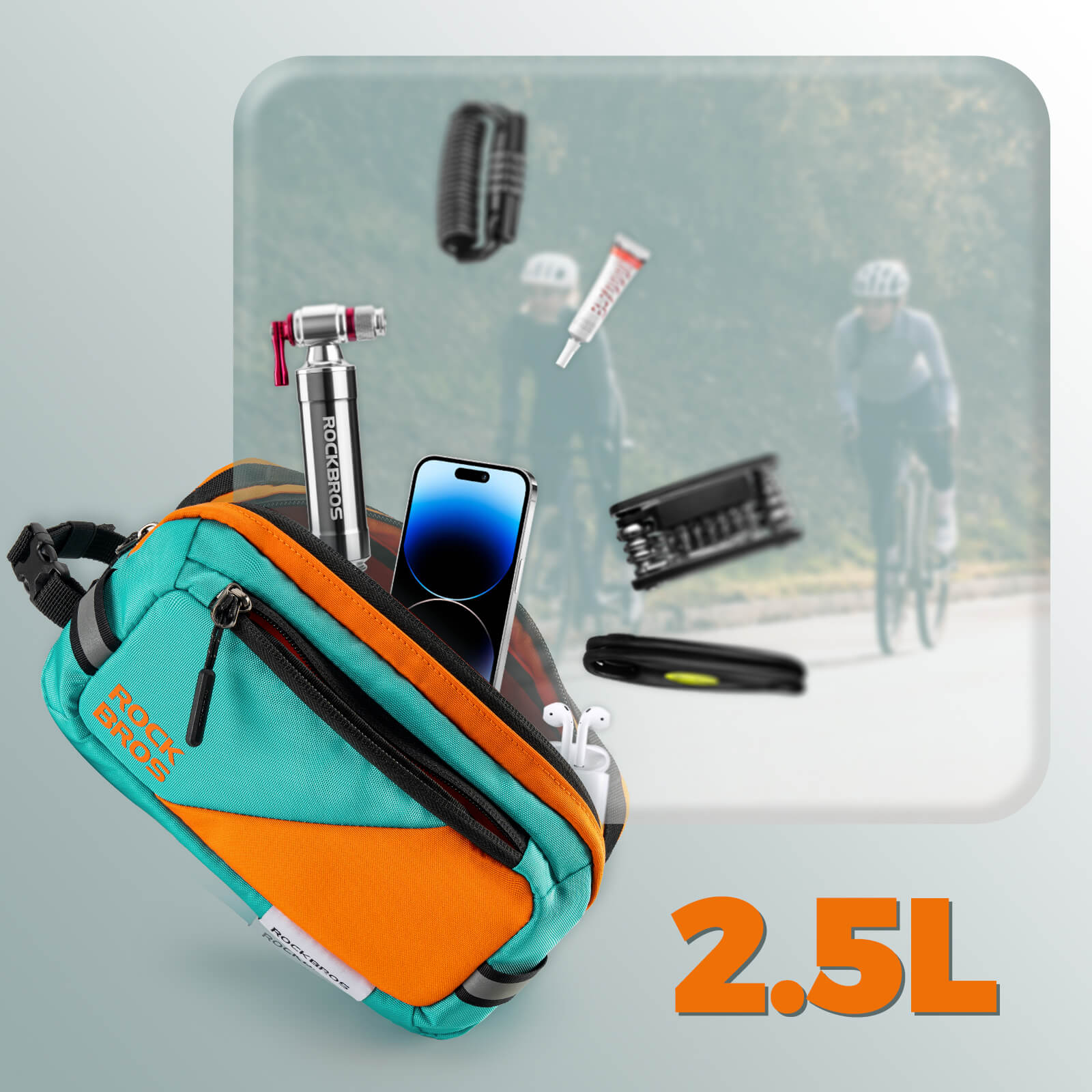 ROCKBROS bike handlebar bag with shoulder strap, versatile design, 2.5L capacity, waterproof and practical for cycling.
