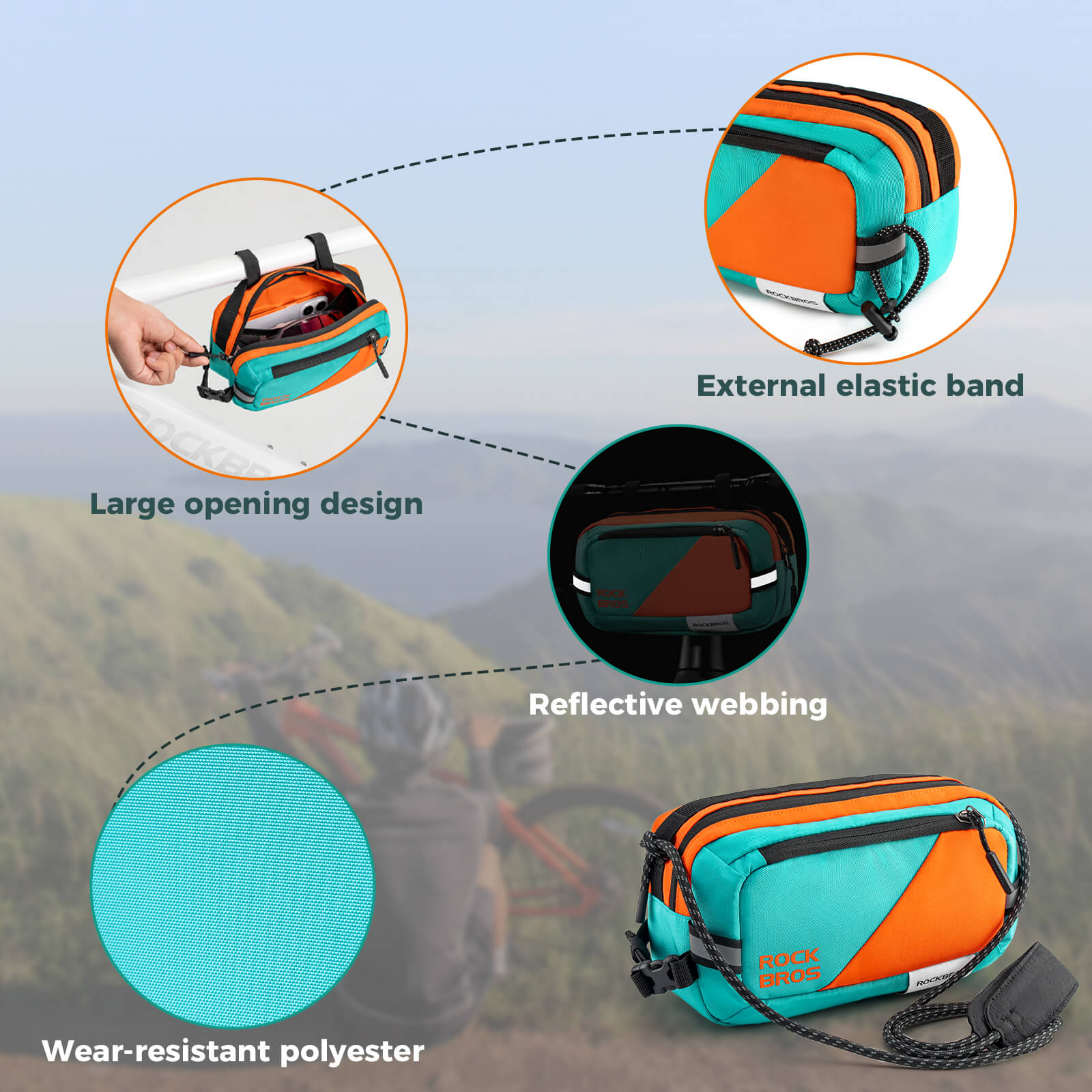 ROCKBROS bike handlebar bag with shoulder strap, versatile design, 2.5L capacity, waterproof and practical for cycling.