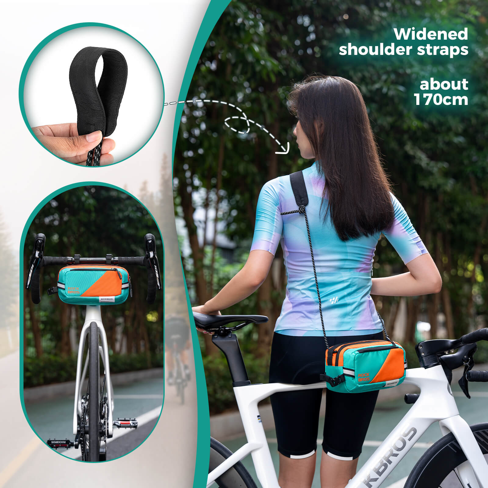 ROCKBROS bike handlebar bag with shoulder strap, versatile design, 2.5L capacity, waterproof and practical for cycling.