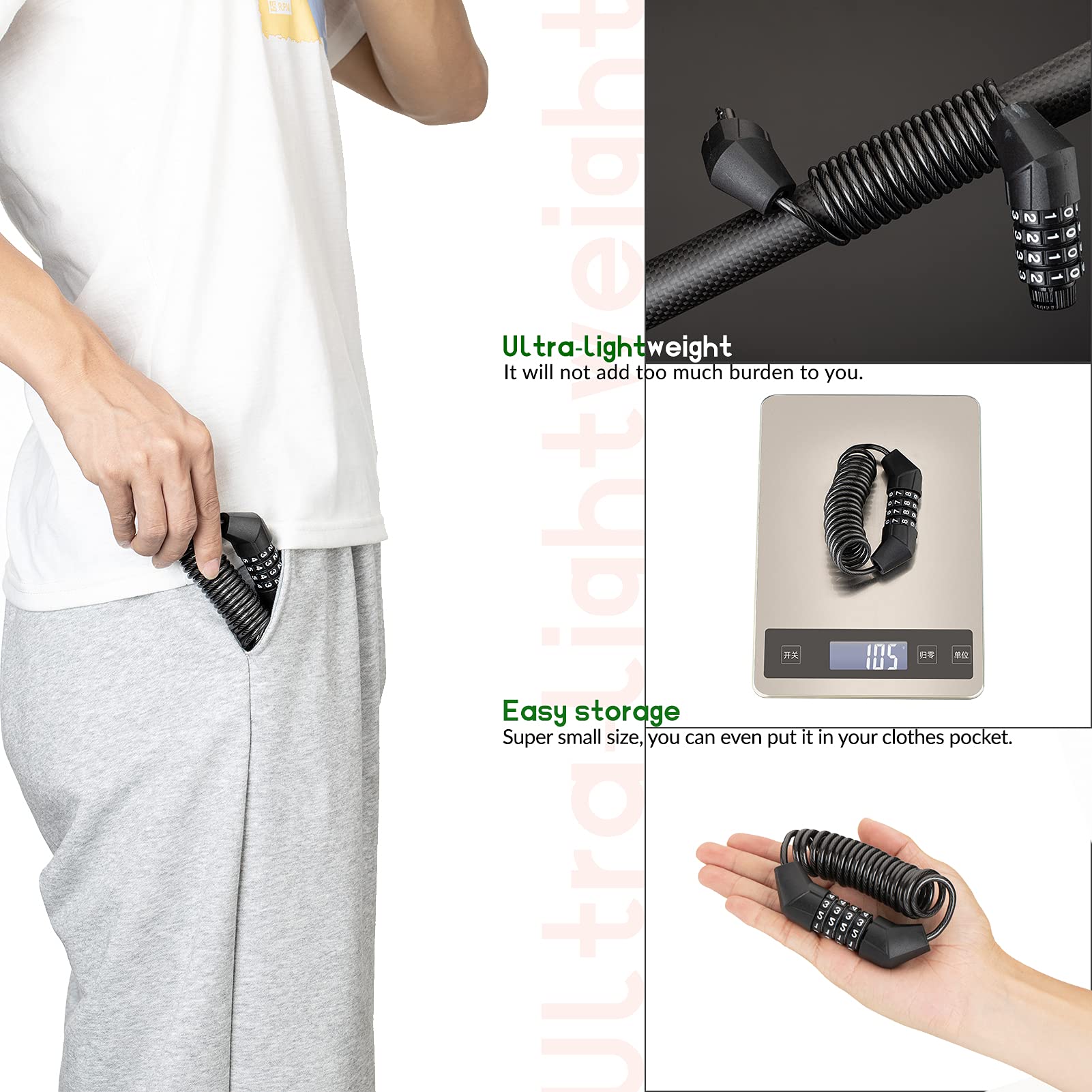 ROCKBROS Bike Helmet Lock Mini Cable Lock 1.5m Bicycle Security Password