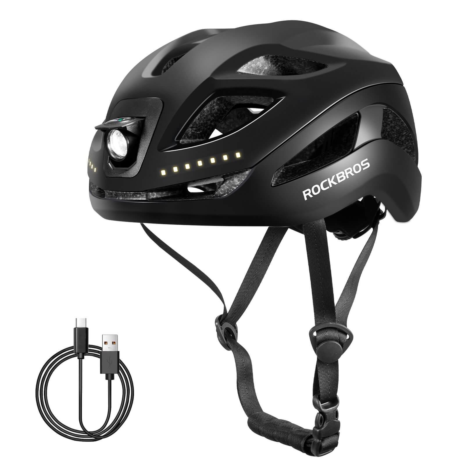 ROCKBROS bike helmet with light, USB rechargeable, adjustable, in black, ideal for safe cycling #Color_Black