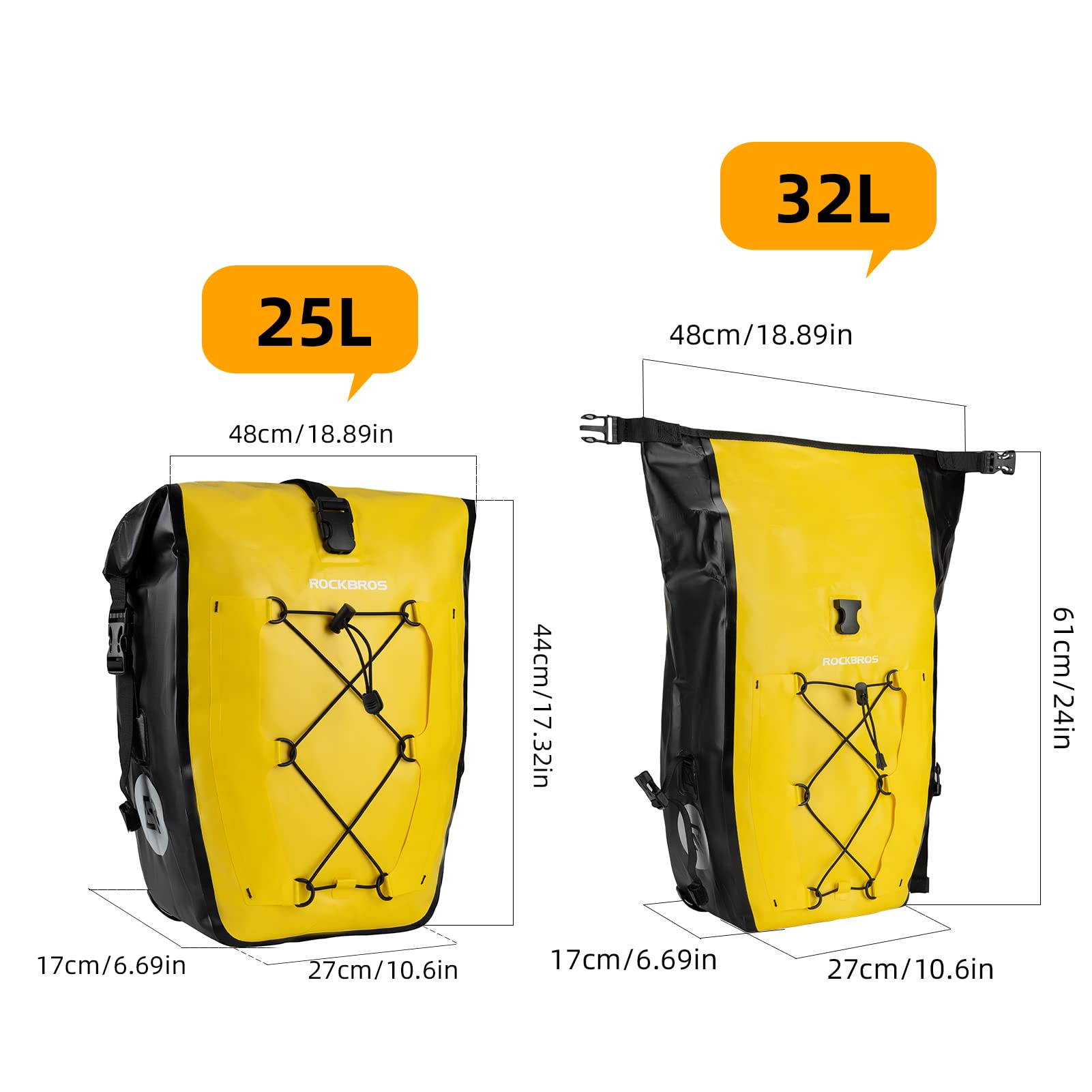 ROCKBROS Bike Pannier Bag 25L 32L 100% Waterproof Rear Rack Bike Bag #Style_Yellow-2pcs