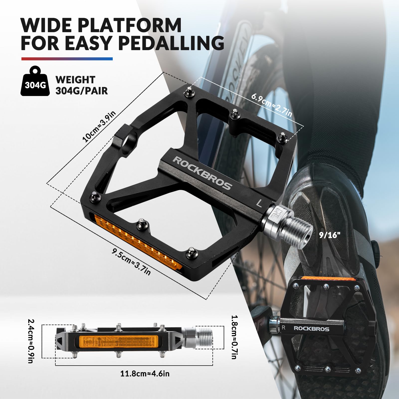 ROCKBROS Bike Pedals Aluminum Alloy Light Flat Pedals with Reflectors #Color_Black