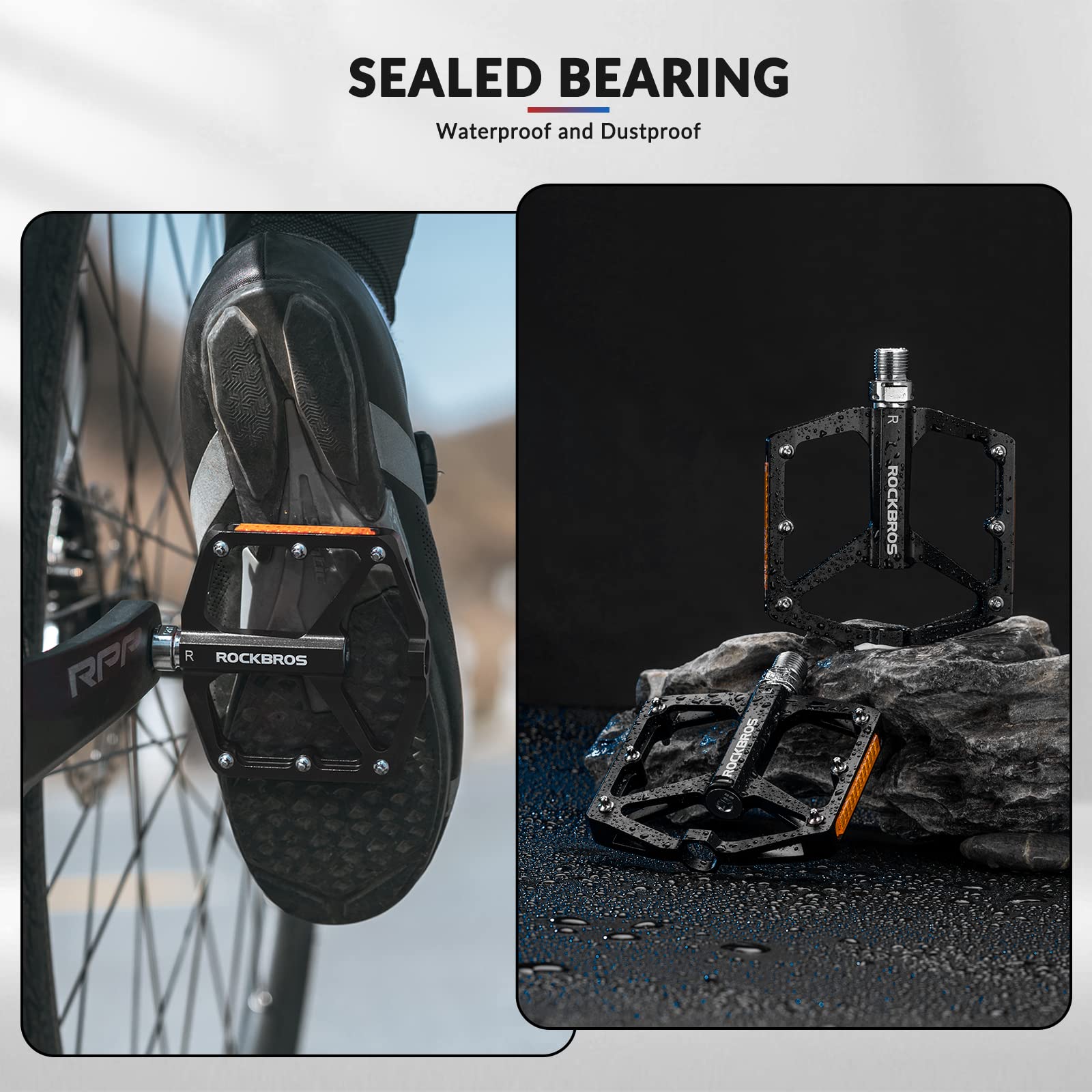 ROCKBROS Bike Pedals Aluminum Alloy Light Flat Pedals with Reflectors #Color_Black