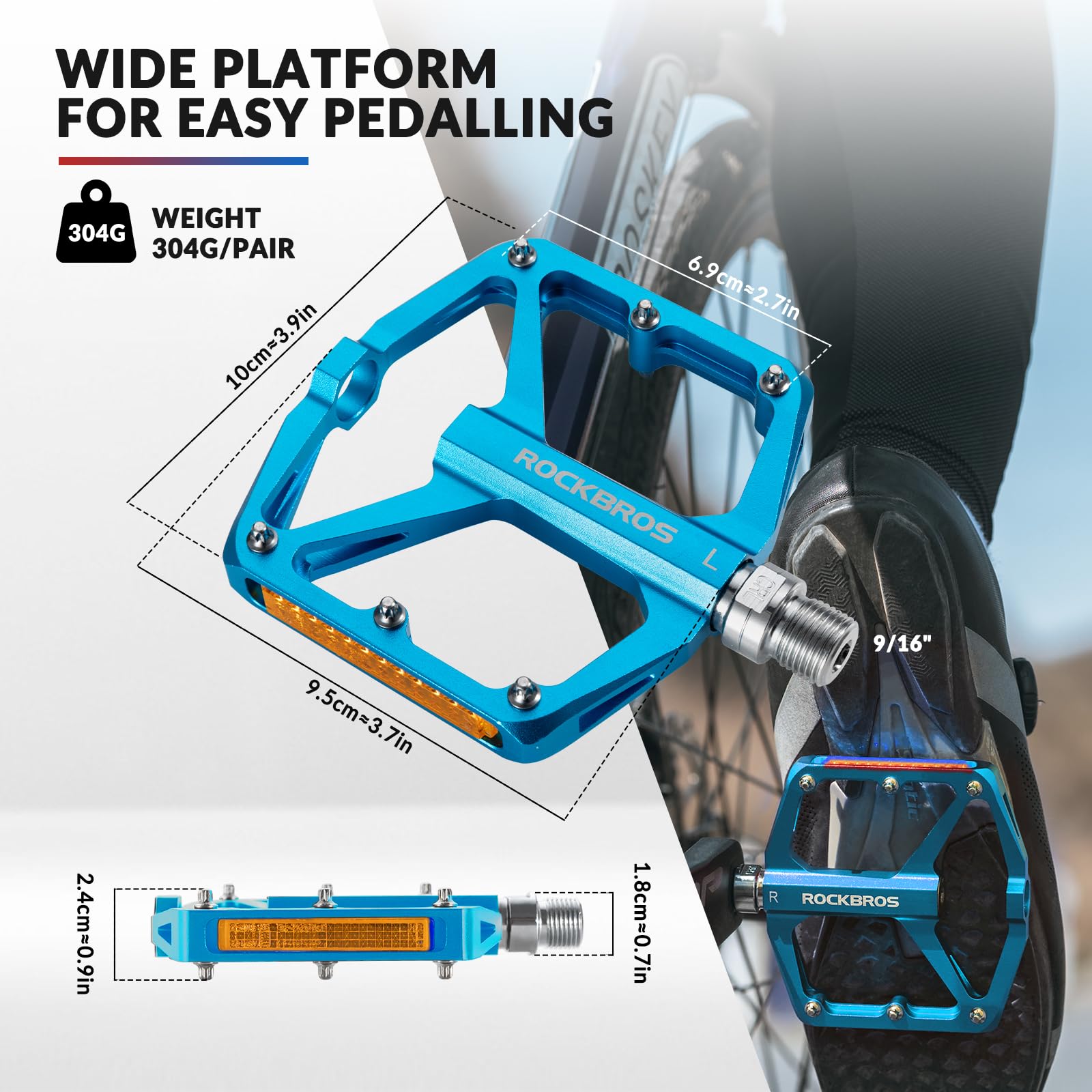 ROCKBROS Bike Pedals Aluminum Alloy Light Flat Pedals with Reflectors #Color_Blue