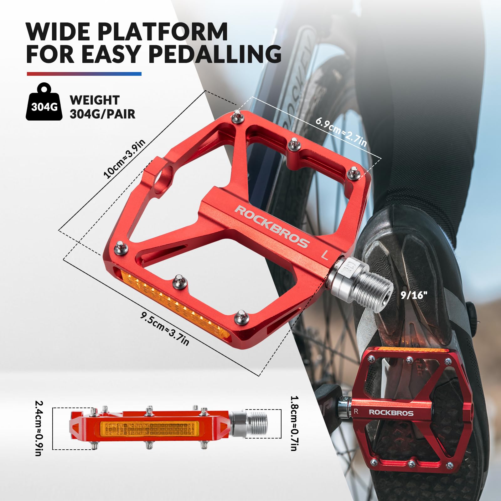 ROCKBROS Bike Pedals Aluminum Alloy Light Flat Pedals with Reflectors #Color_Red