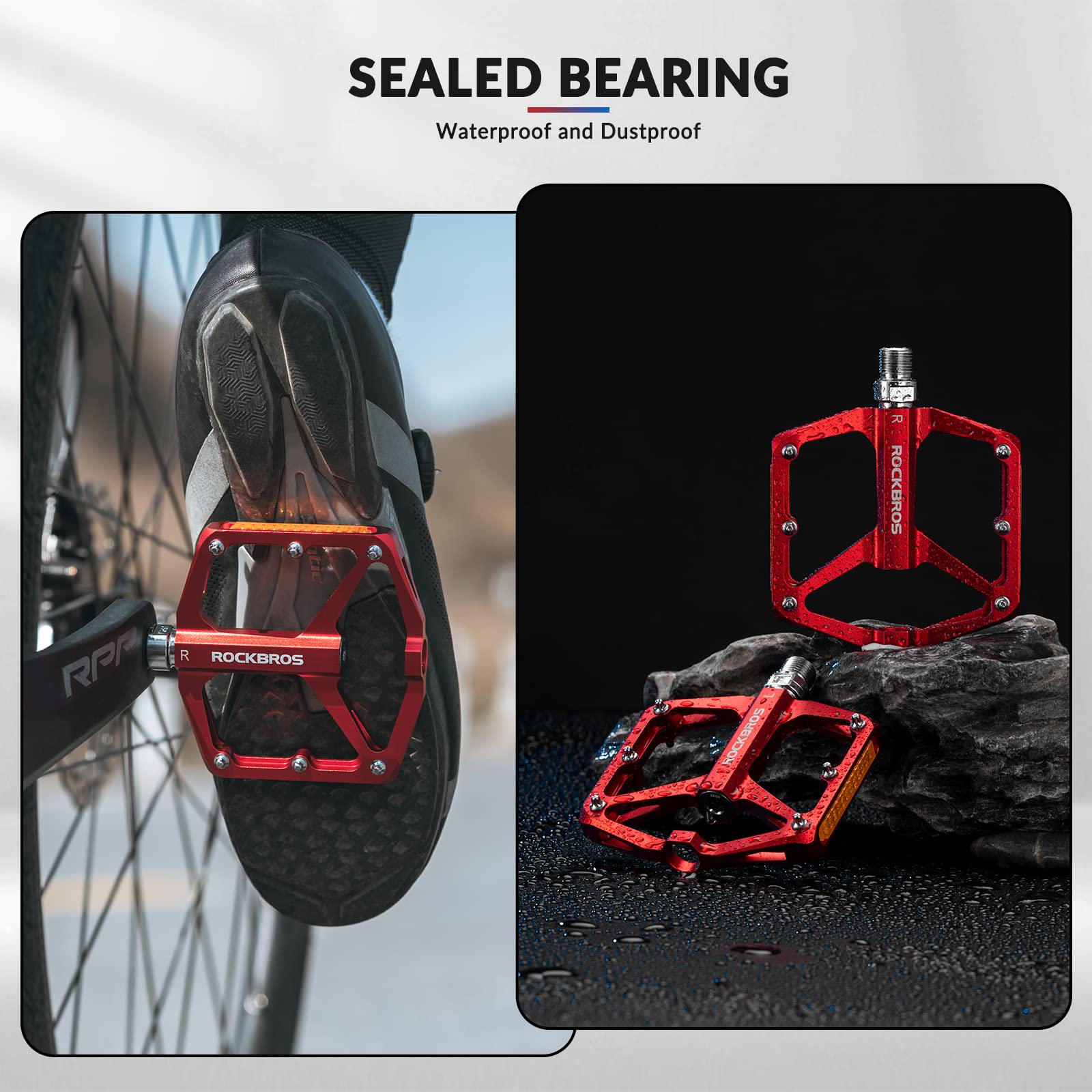 ROCKBROS Bike Pedals Aluminum Alloy Light Flat Pedals with Reflectors #Color_Red