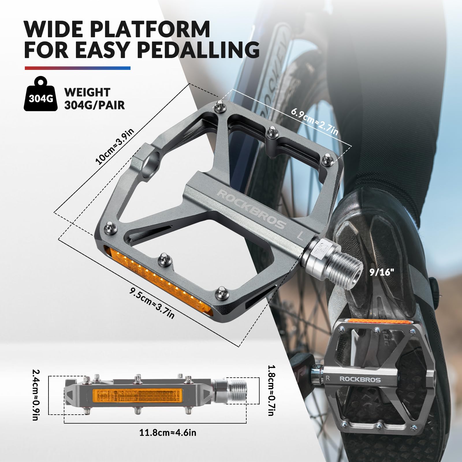 ROCKBROS Bike Pedals Aluminum Alloy Light Flat Pedals with Reflectors #Color_Titanium