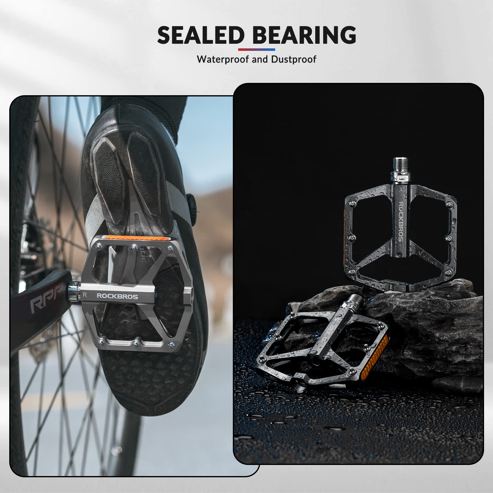 ROCKBROS Bike Pedals Aluminum Alloy Light Flat Pedals with Reflectors #Color_Titanium