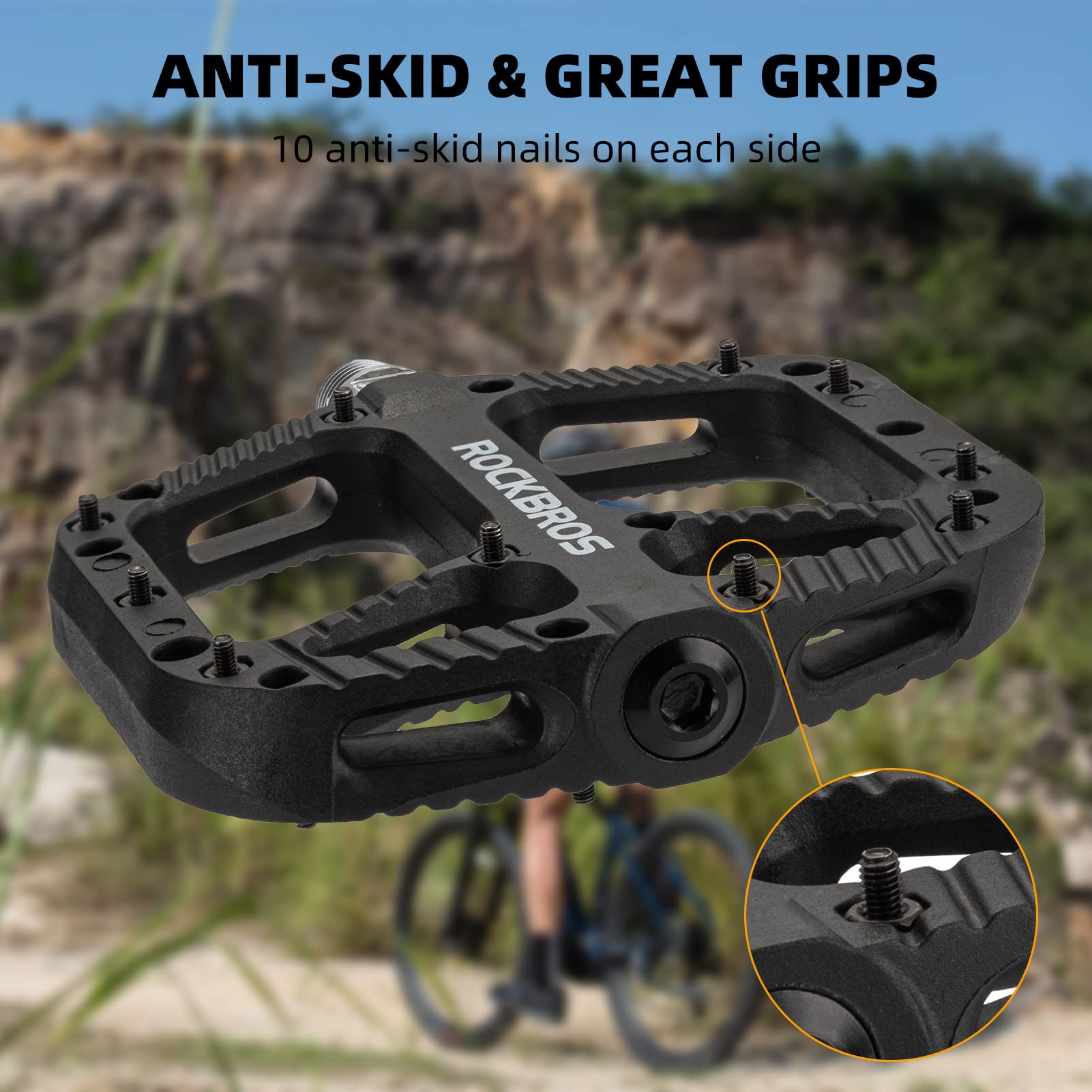 ROCKBROS Bike Pedals Nylon Fiber 9/16" Cycling Wide Platform Flat #Color_Black 1