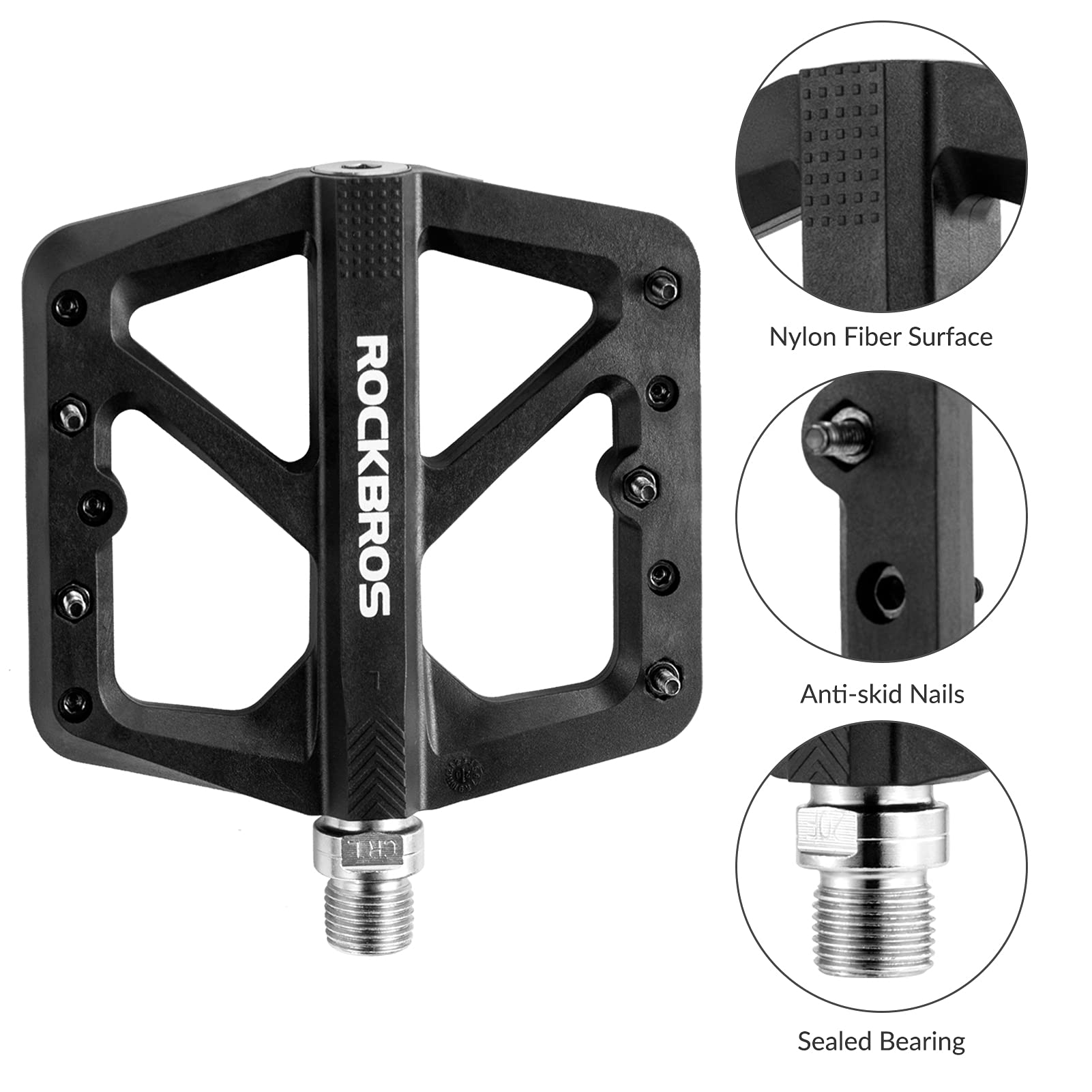 ROCKBROS Bike Pedals Nylon Fiber 9/16" Cycling Wide Platform Flat #Color_Black 2