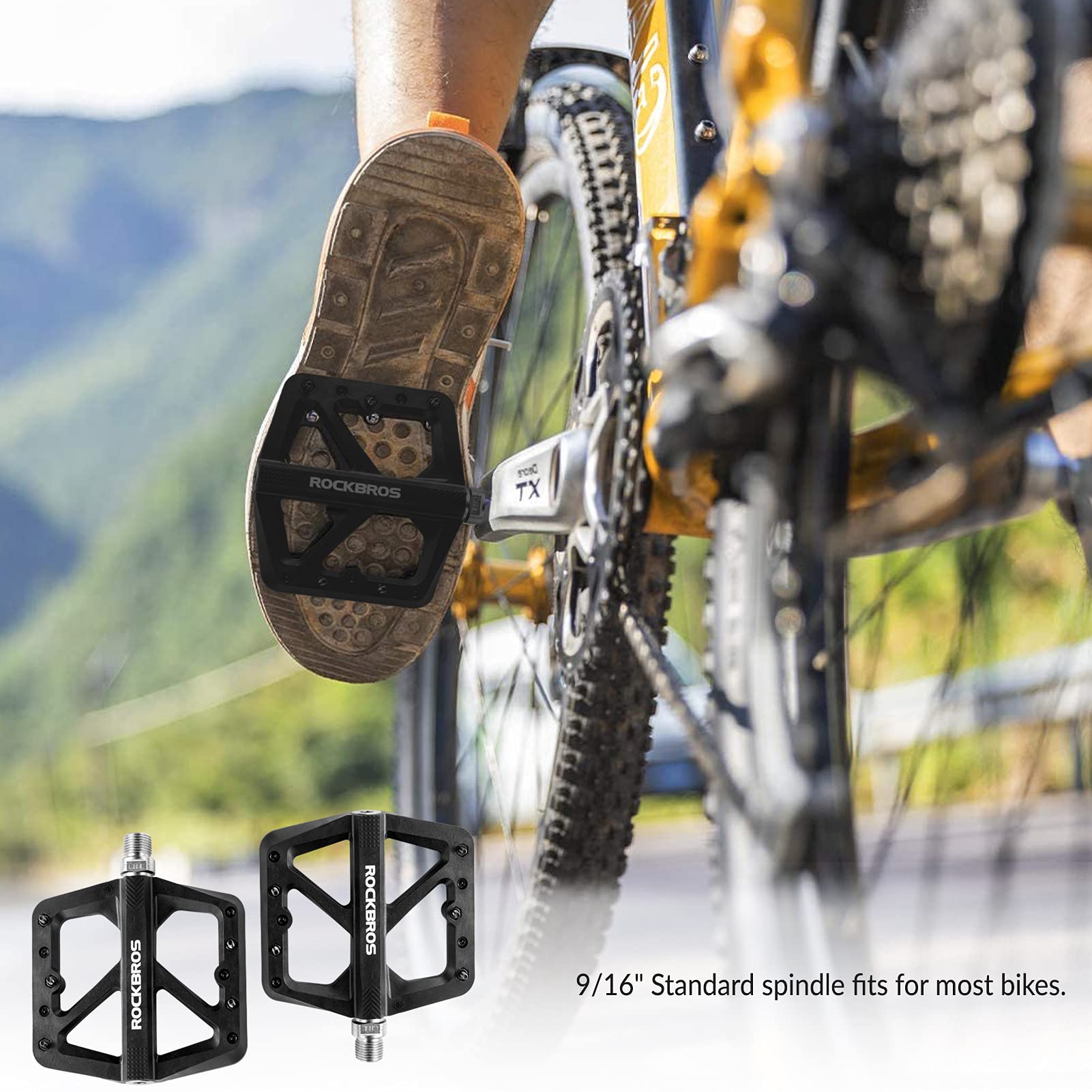 ROCKBROS Bike Pedals Nylon Fiber 9/16" Cycling Wide Platform Flat #Color_Black 2