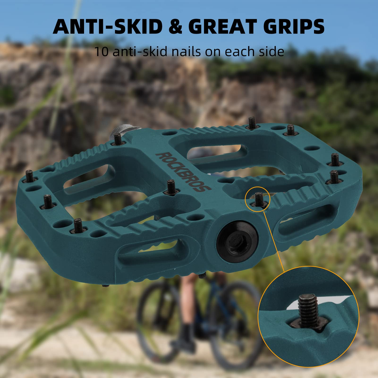 ROCKBROS Bike Pedals Nylon Fiber 9/16" Cycling Wide Platform Flat #Color_Blue