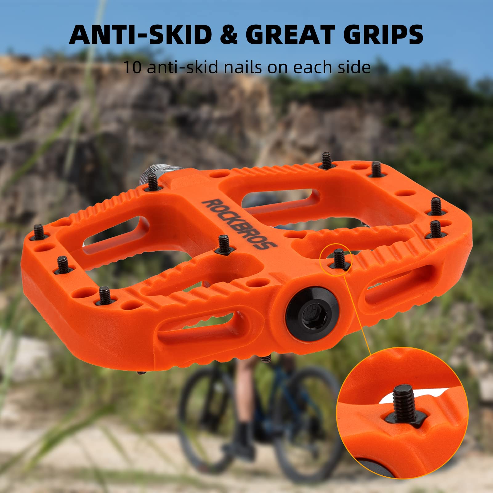 ROCKBROS Bike Pedals Nylon Fiber 9/16" Cycling Wide Platform Flat #Color_Orange