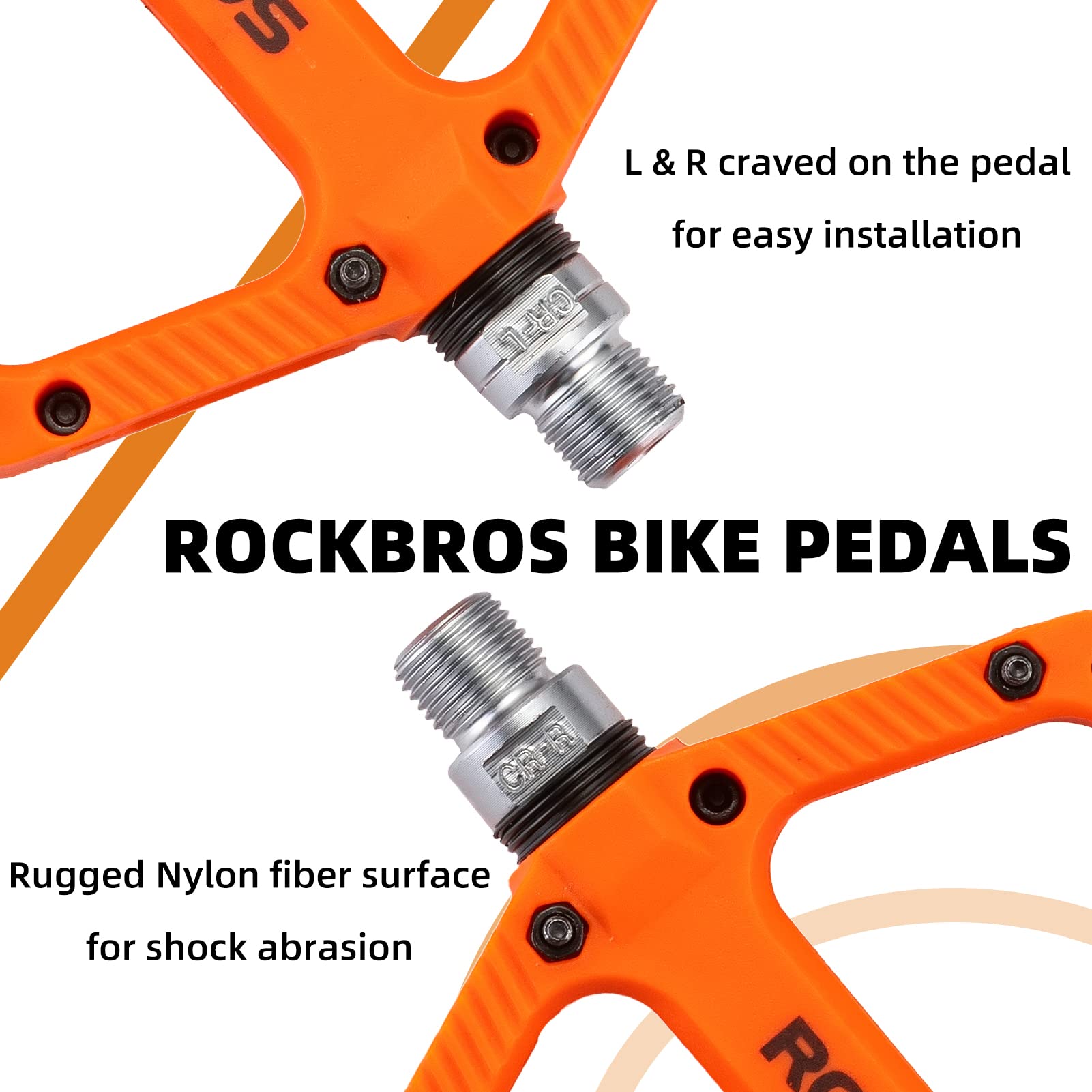 ROCKBROS Bike Pedals Nylon Fiber 9/16" Cycling Wide Platform Flat #Color_Orange