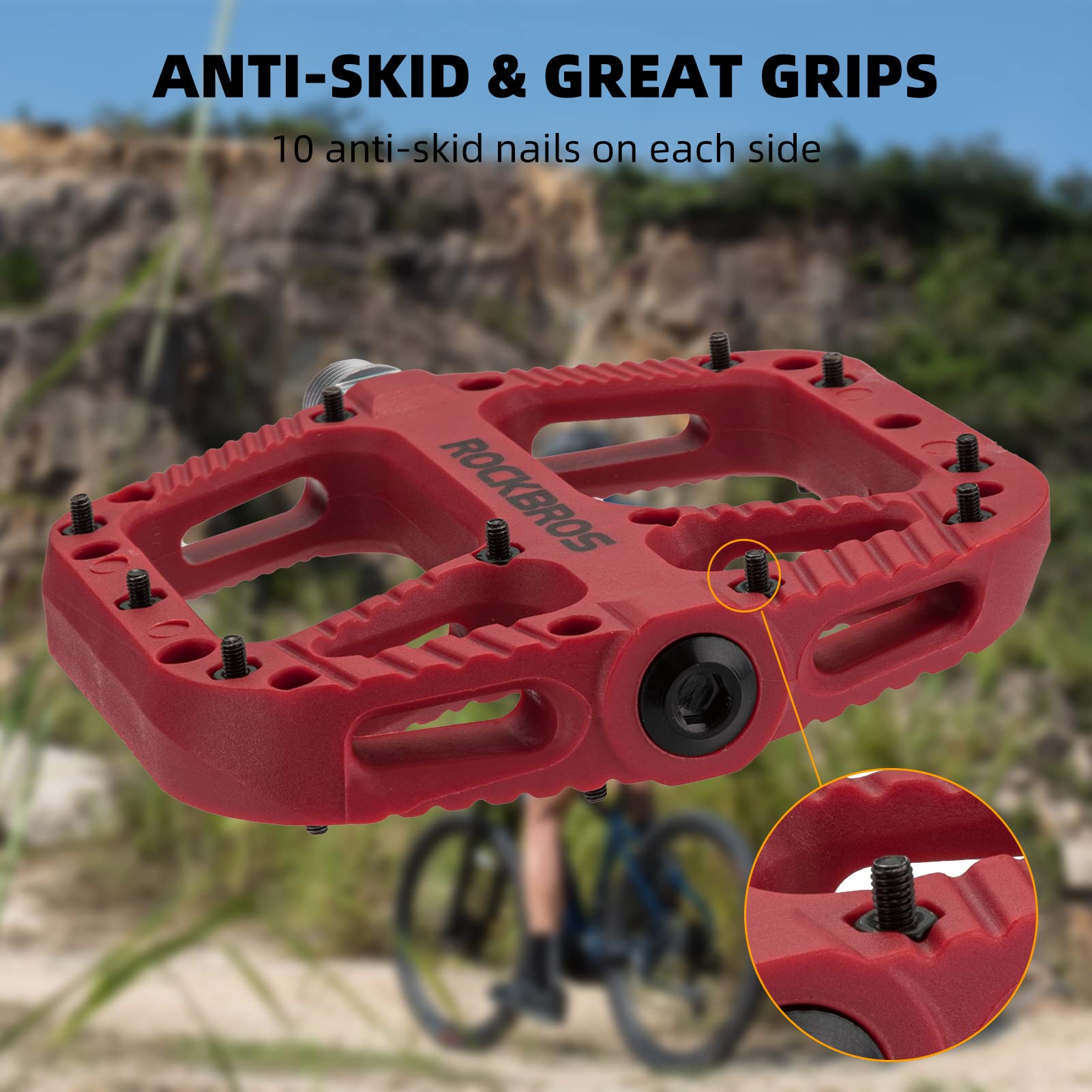 ROCKBROS Bike Pedals Nylon Fiber 9/16" Cycling Wide Platform Flat #Color_Red