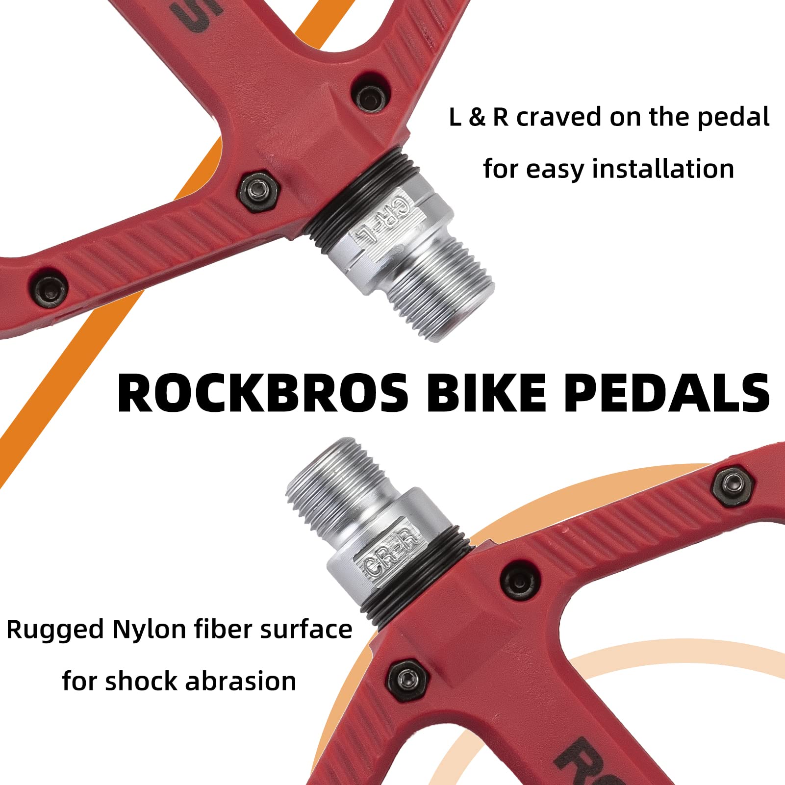 ROCKBROS Bike Pedals Nylon Fiber 9/16" Cycling Wide Platform Flat #Color_Red