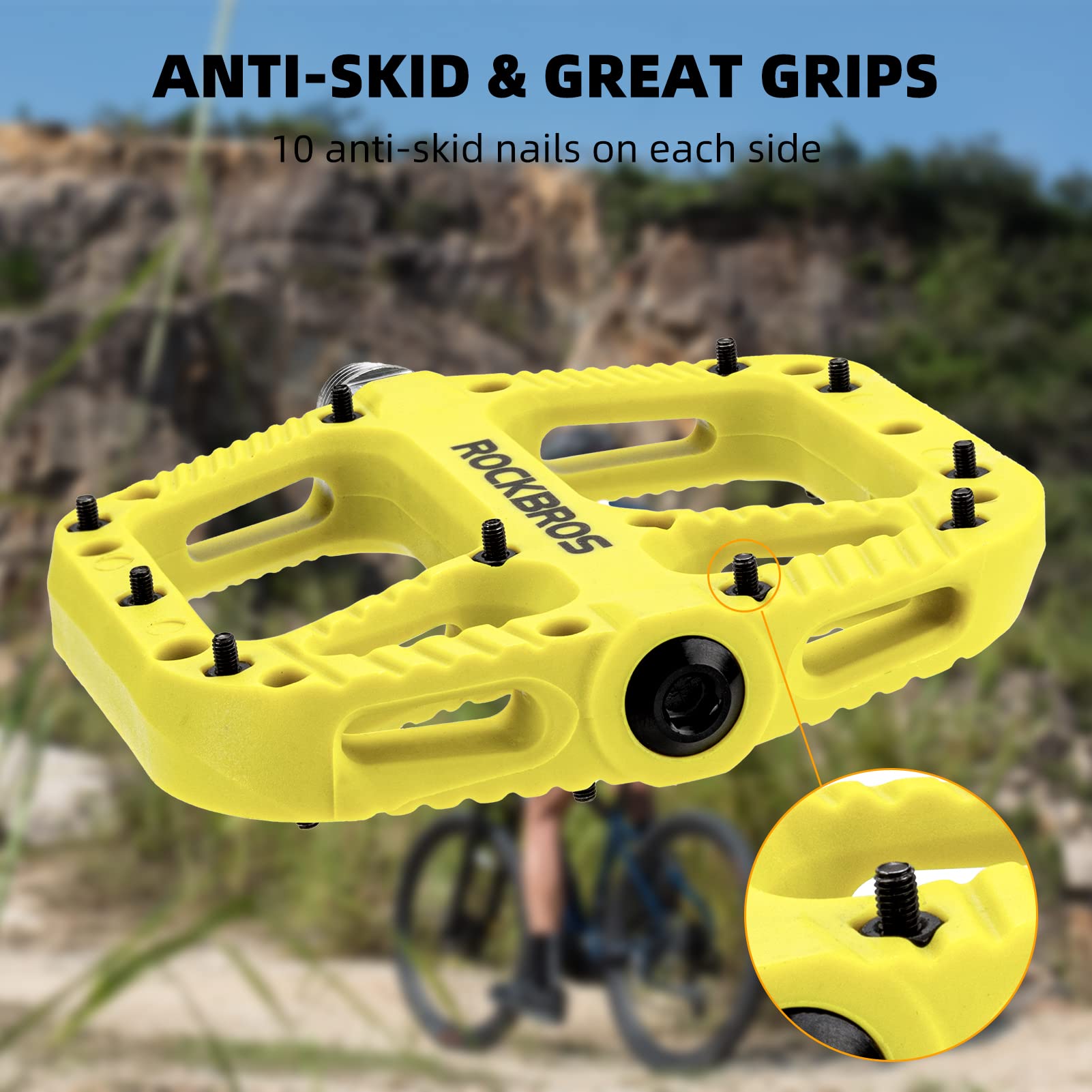 ROCKBROS Bike Pedals Nylon Fiber 9/16" Cycling Wide Platform Flat #Color_Yellow