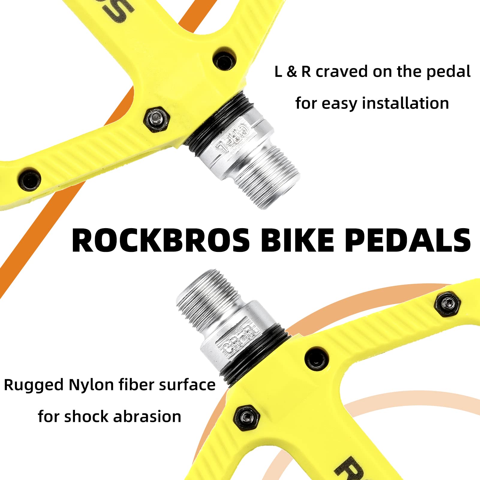 ROCKBROS Bike Pedals Nylon Fiber 9/16" Cycling Wide Platform Flat #Color_Yellow