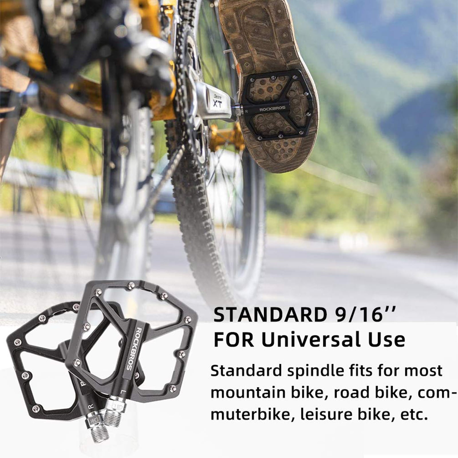 ROCKBROS Bike Pedals Ultra Lightweight Flat Pedals 9/16 Inch (Pair) #Color_Black